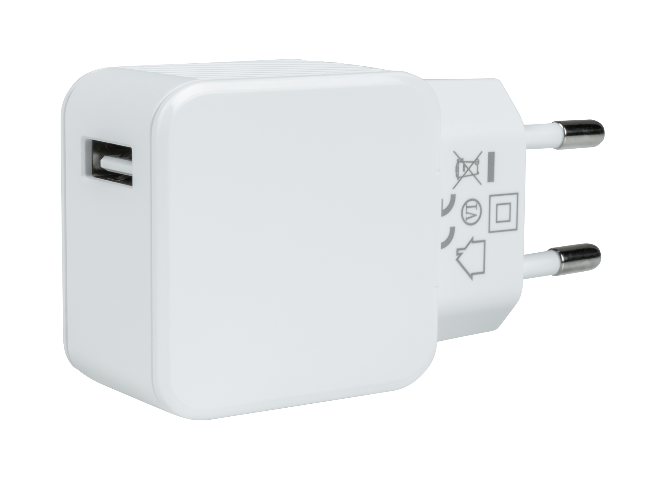 Un cargador USB blanco con un puerto USB y dos clavijas para un enchufe.