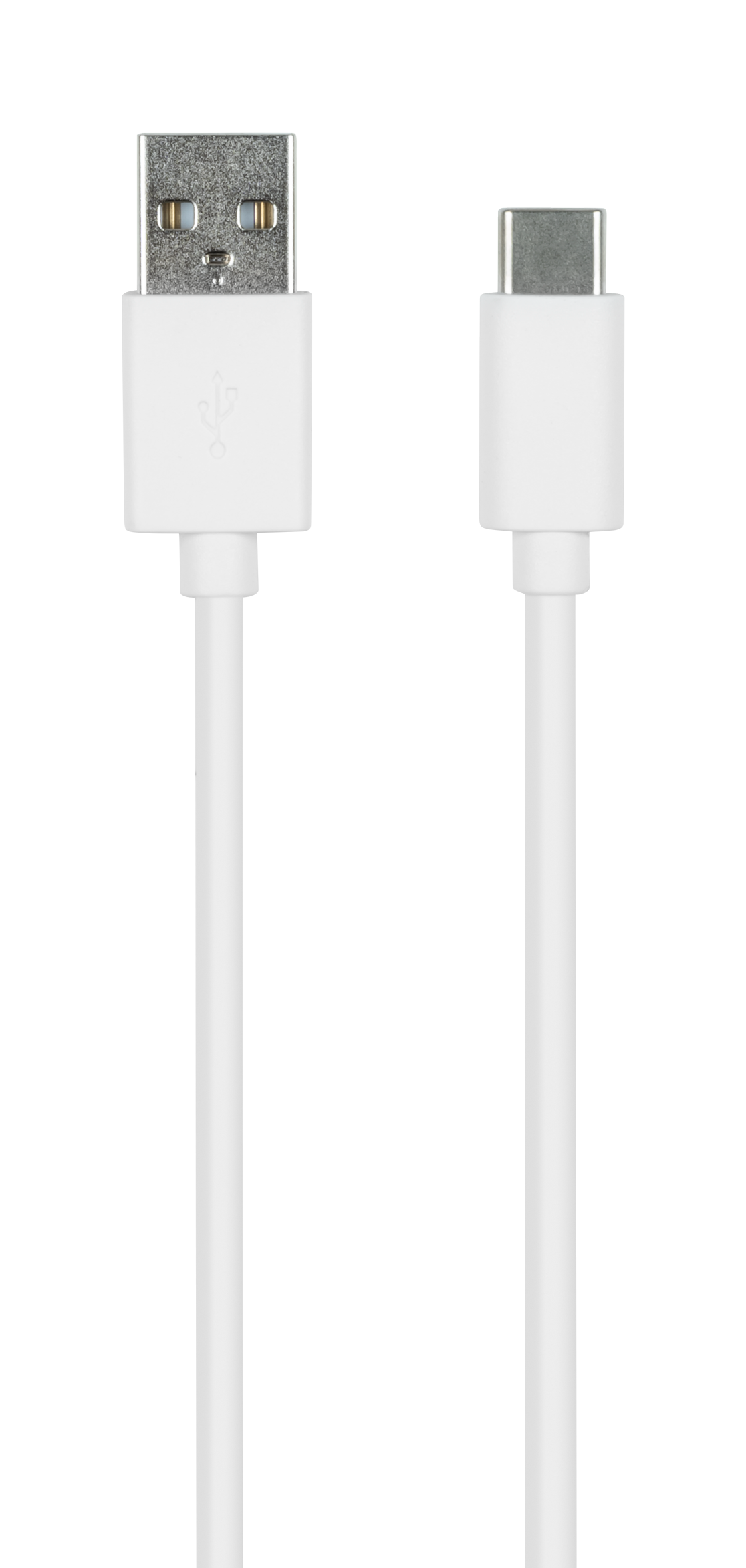 Cable blanco USB a USB-C. Dos conectores. Extremos USB-A y USB-C. Cable blanco.