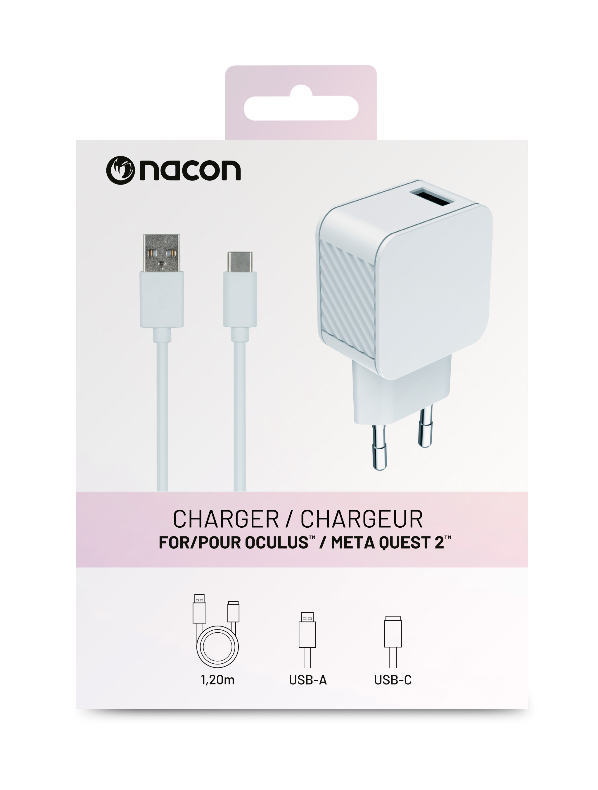 Caja de cargador con cables USB-A, USB-C. Caja blanca, texto negro.