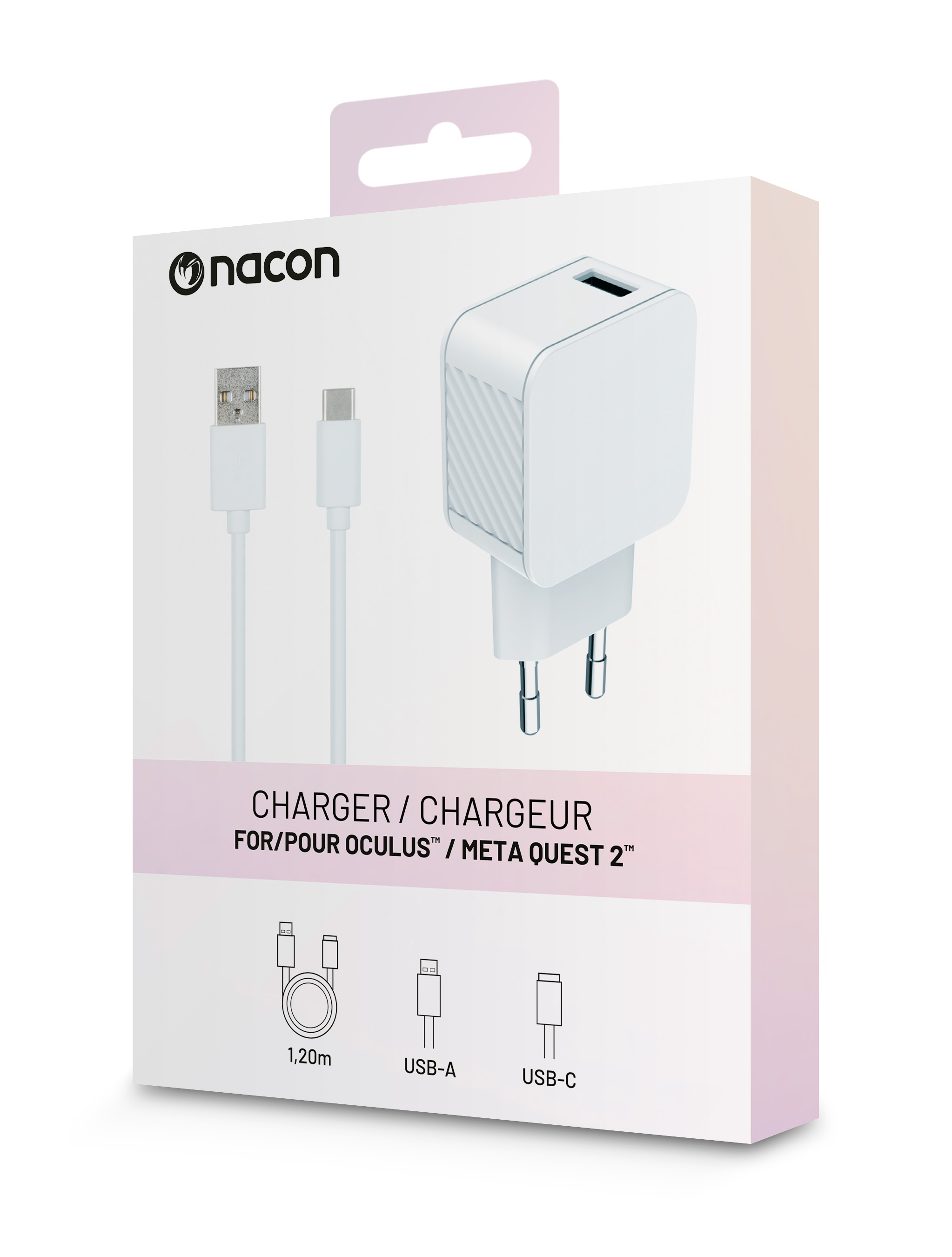 Caja de cargador blanca con un cargador y dos cables.