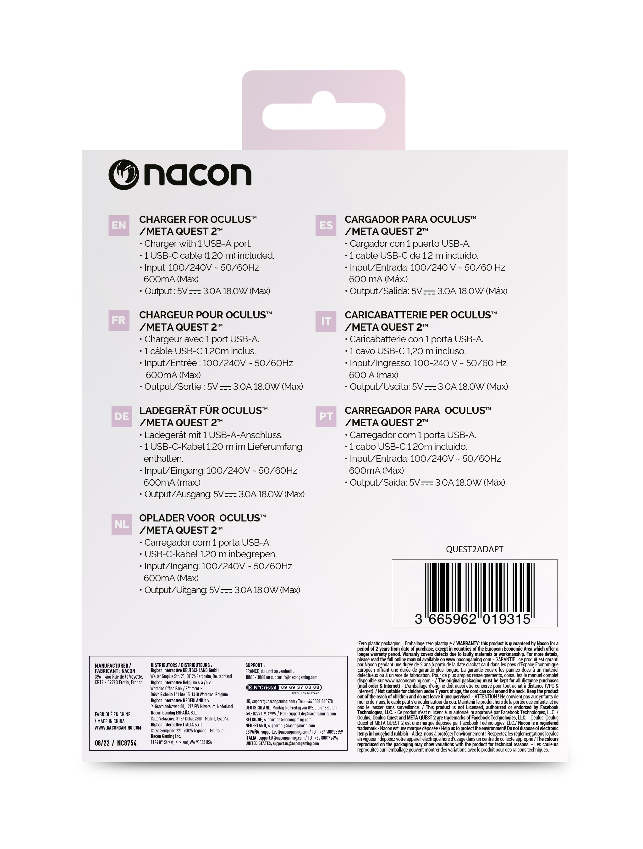 Caja blanca y morada con texto en varios idiomas, incluye un código QR.