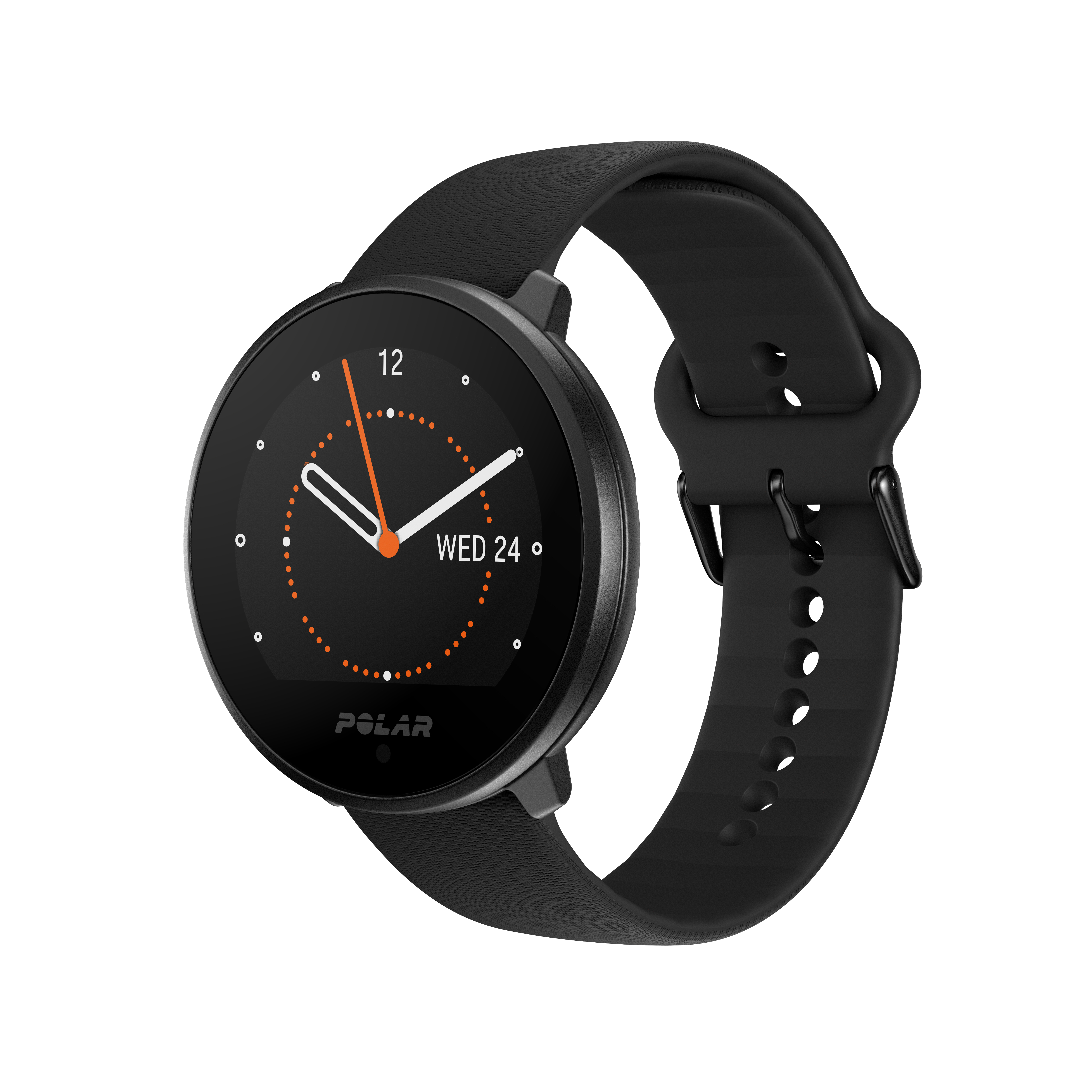 Eine schwarze Polar Smartwatch mit rundem Zifferblatt und schwarzem Armband. Die Uhrzeit ist Mi 24, 12:00.