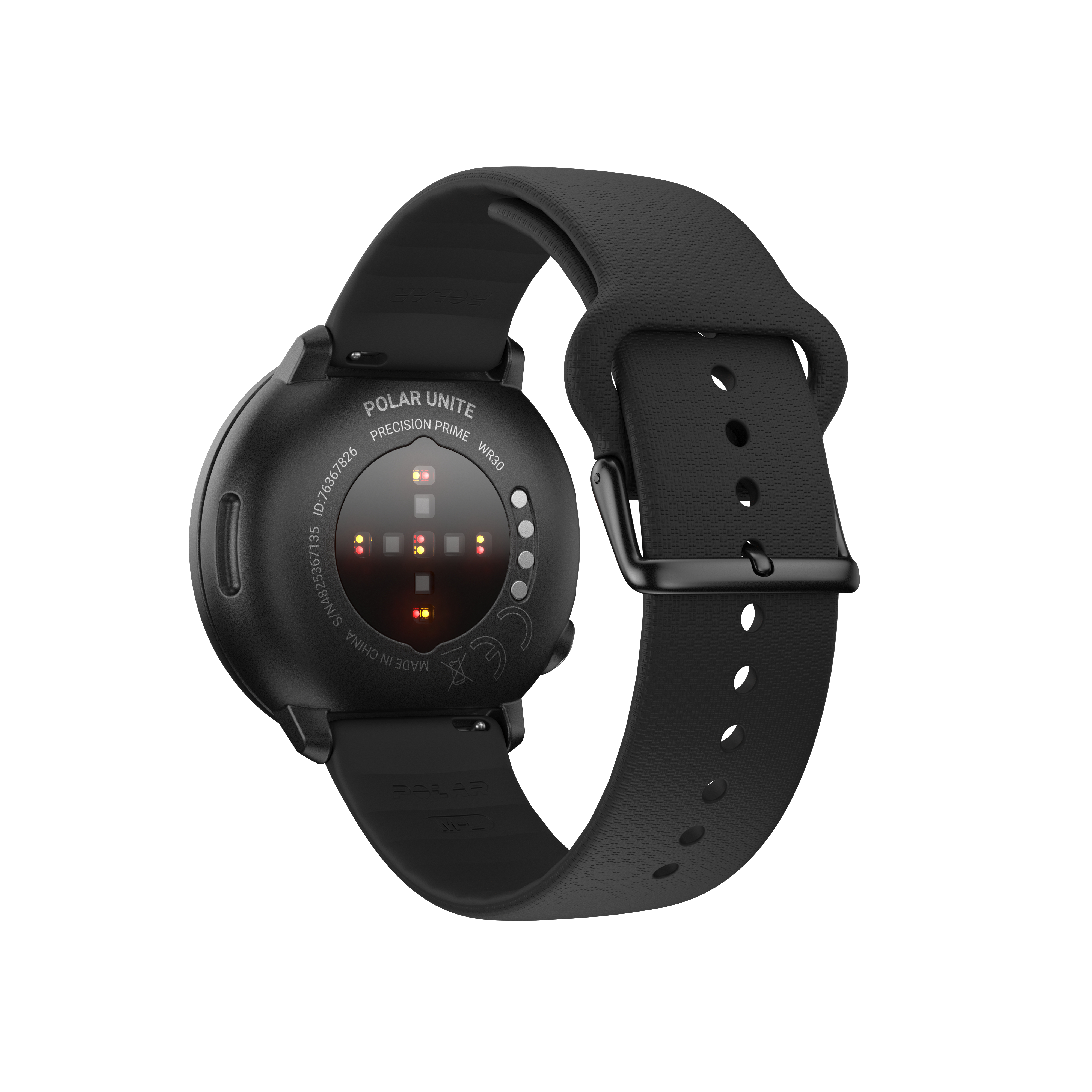 Schwarze Smartwatch mit schwarzem Band. Die Rückseite hat Sensoren und den Markennamen.
