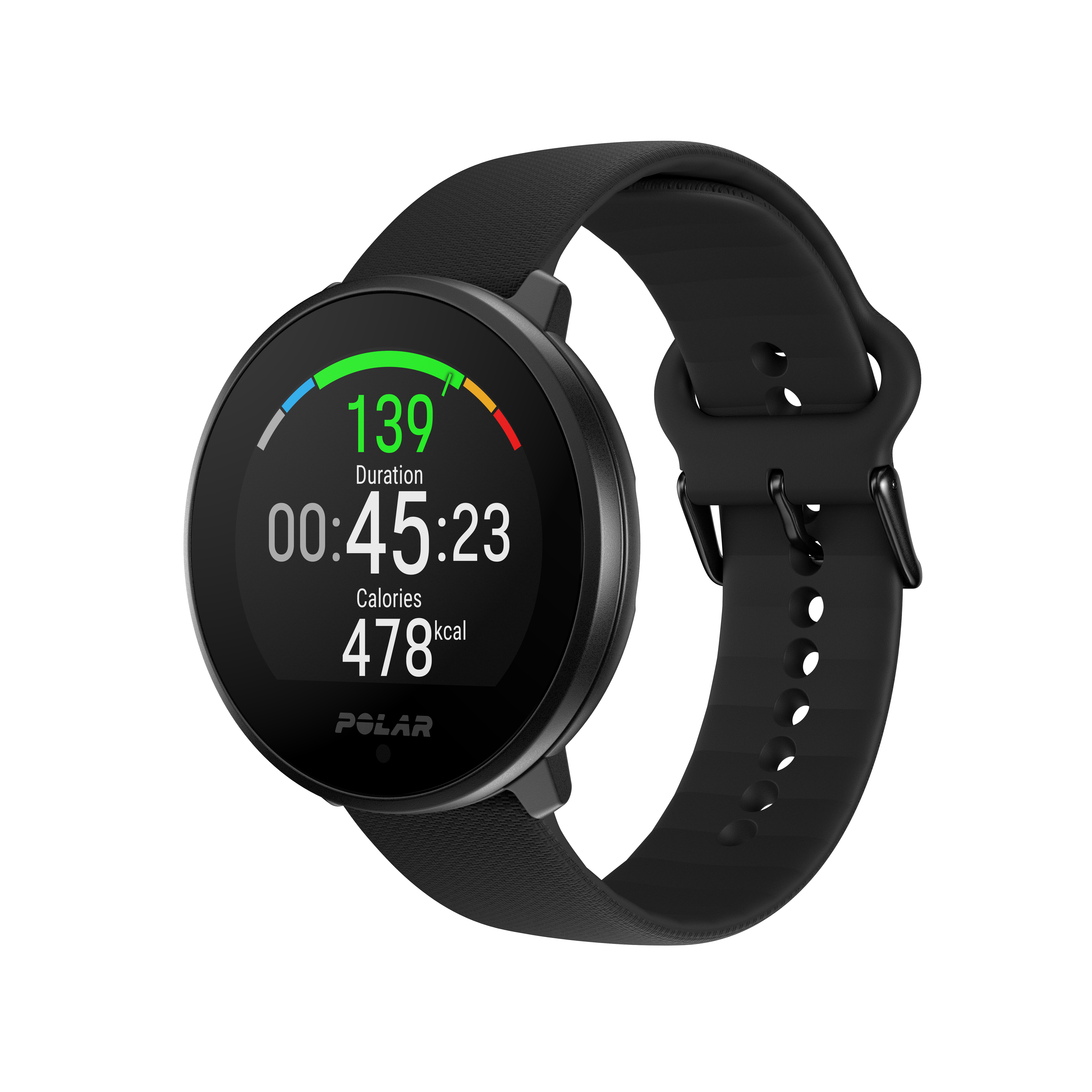 Schwarze Smartwatch zeigt Zeit, Dauer und verbrannte Kalorien.