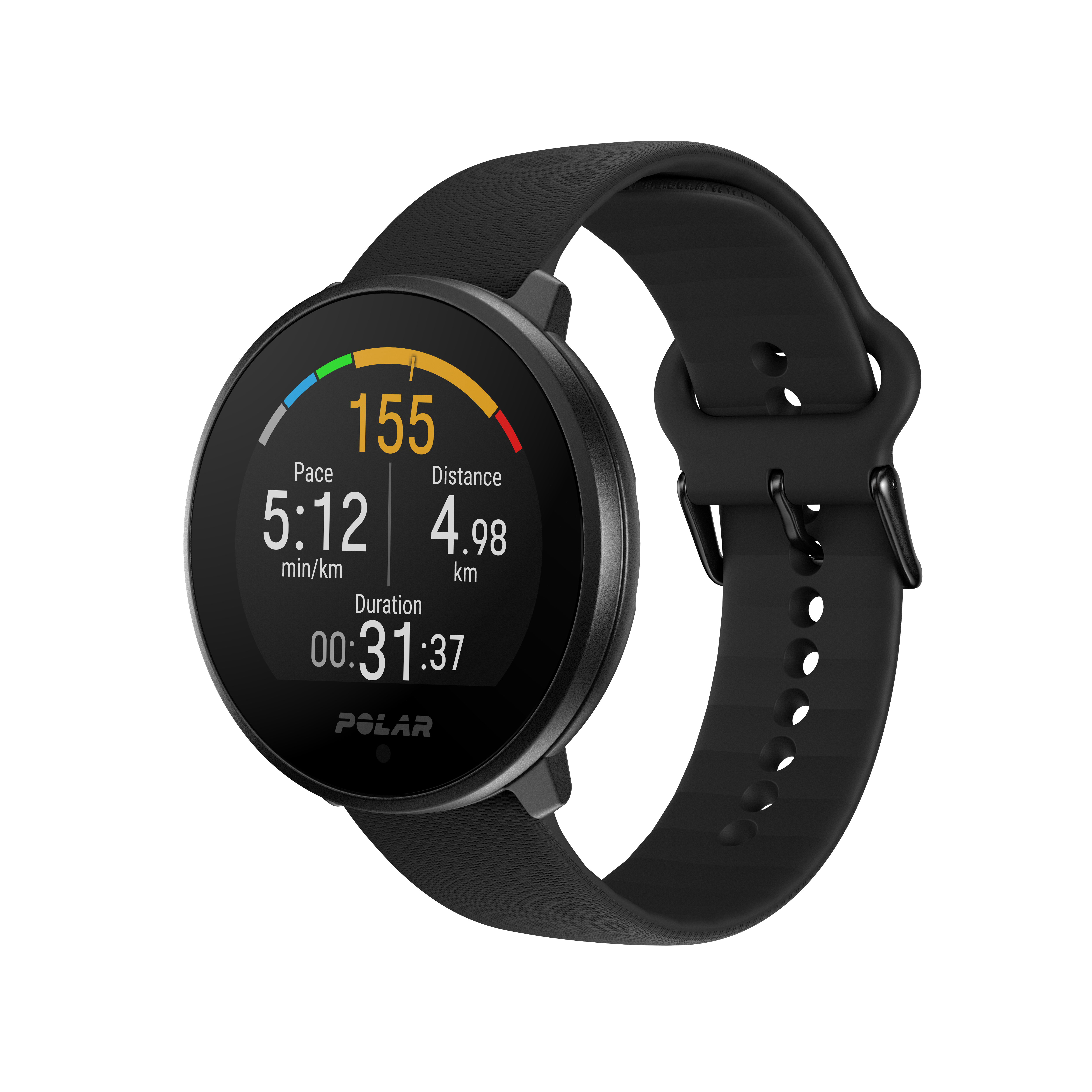 Schwarze Polar Smartwatch mit Bildschirm, der Zeit, Tempo, Distanz und Dauer zeigt.