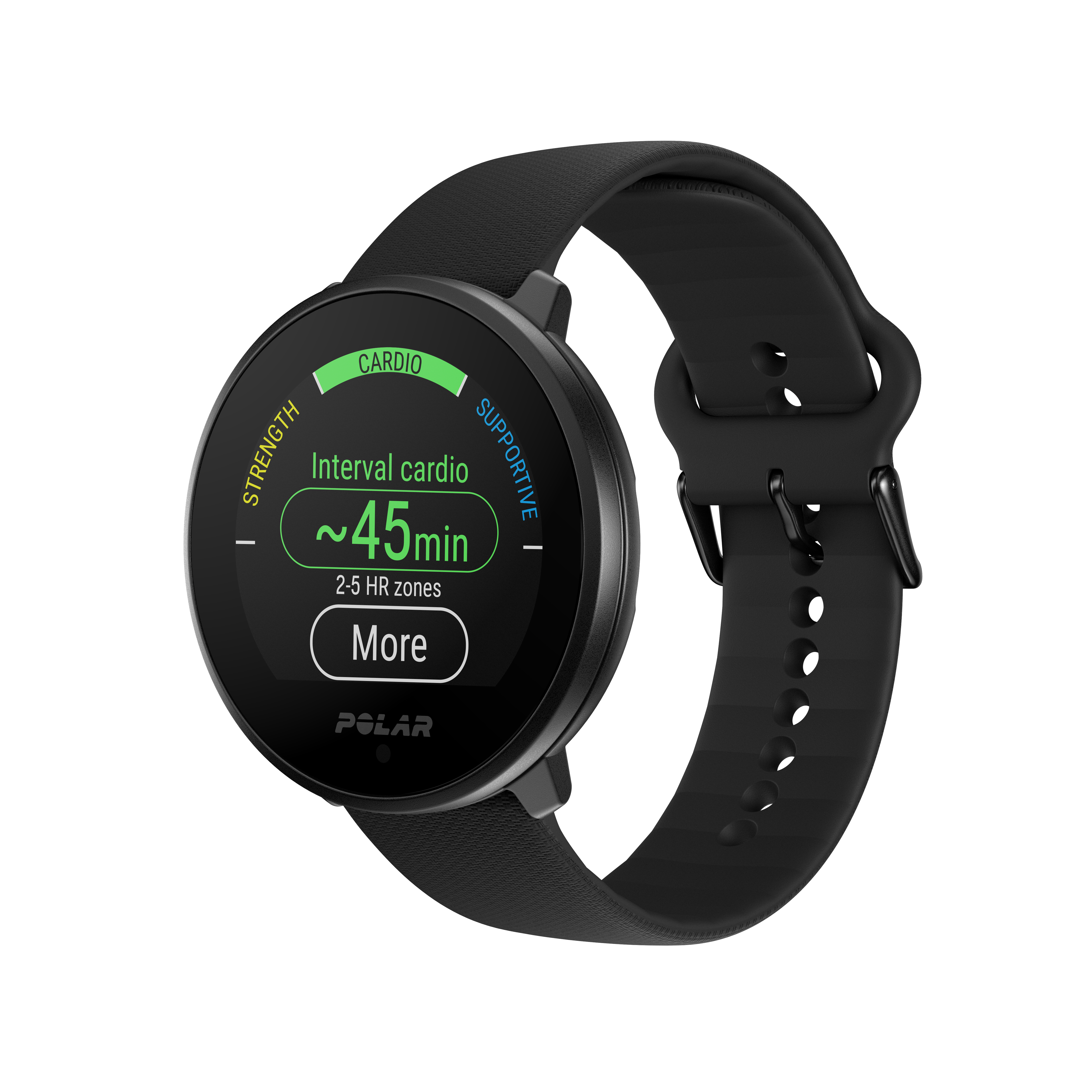Schwarze Smartwatch mit rundem Bildschirm. Zeigt Cardio-Daten an und hat ein schwarzes Armband.