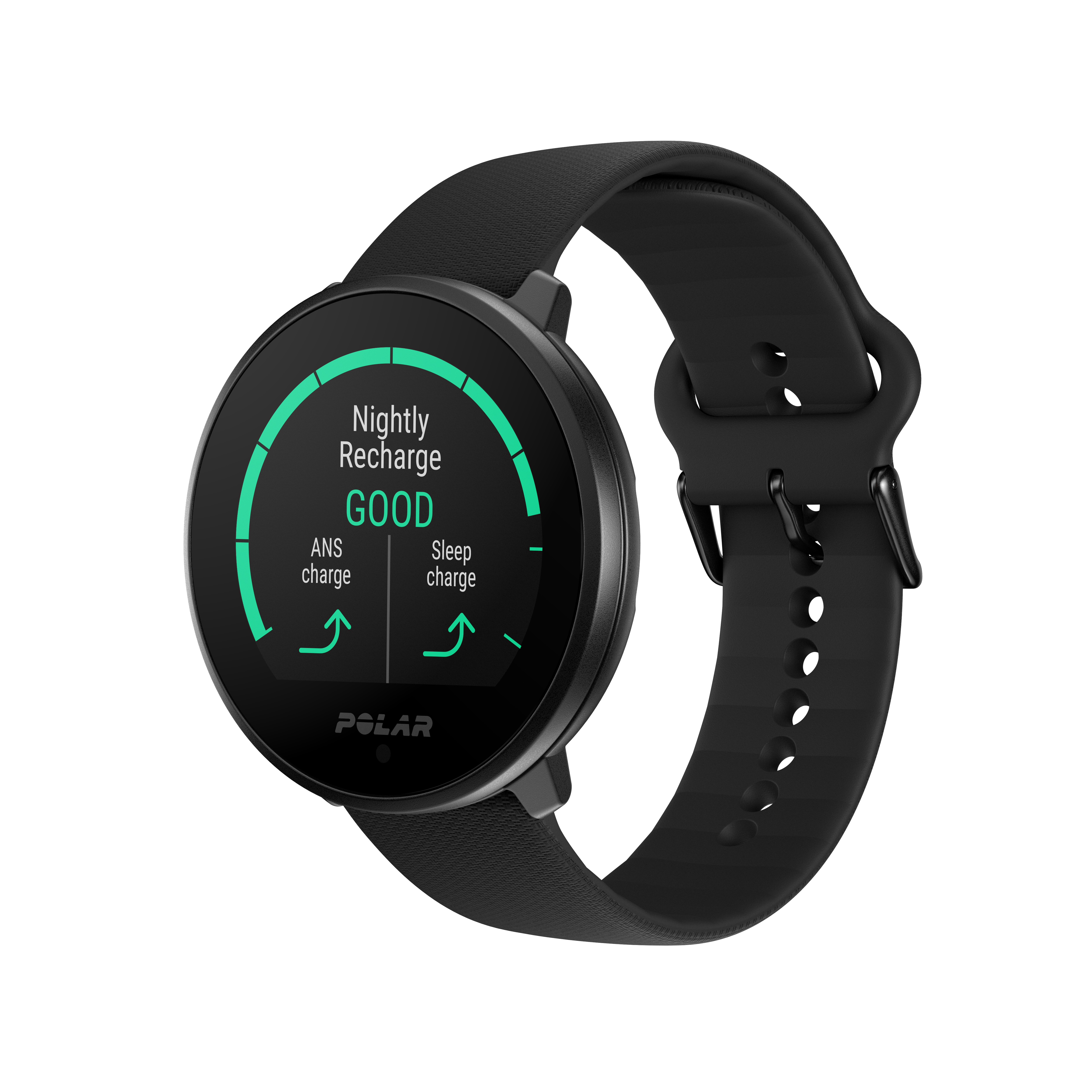 Schwarze Polar Smartwatch, die Schlaf- und Aktivitätsmetriken anzeigt.