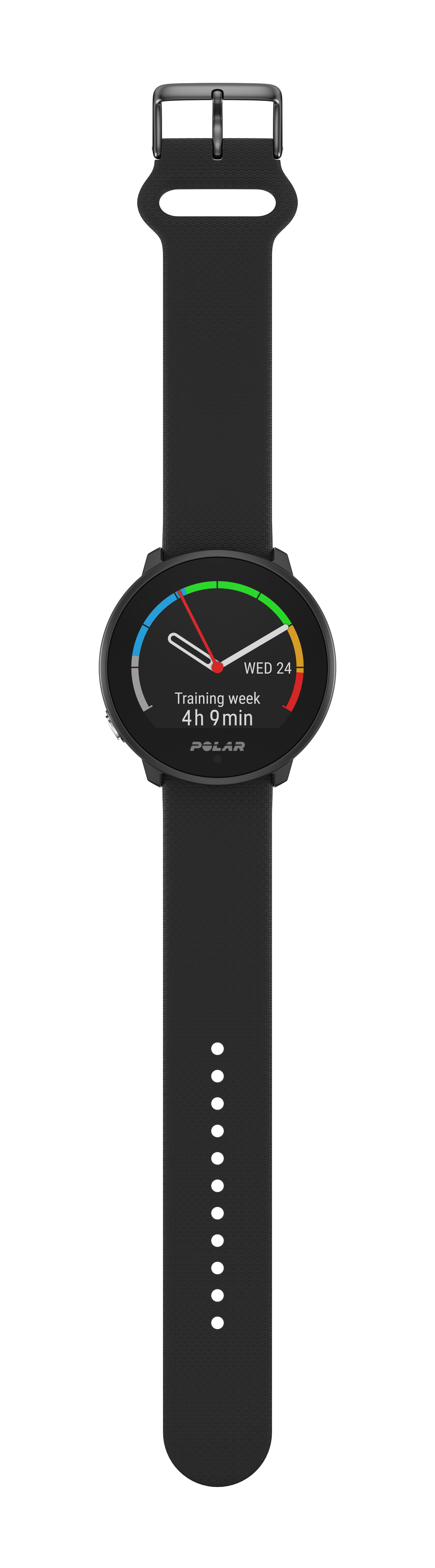Schwarze Smartwatch mit kreisförmigem Display mit Trainingsdaten.
