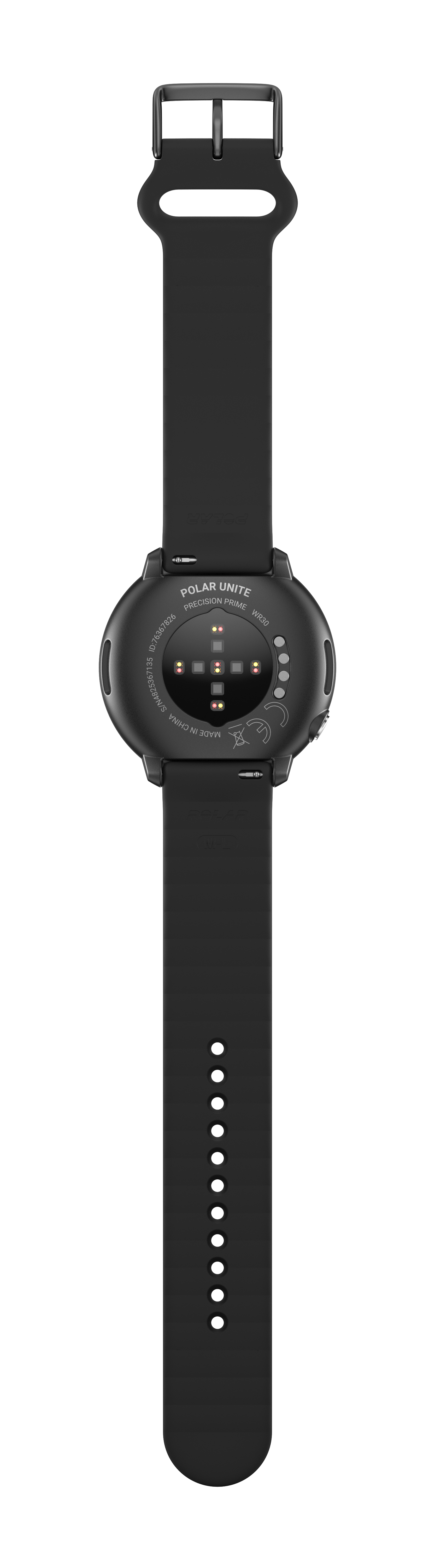 Schwarze Smartwatch, mit der Vorderseite nach unten, zeigt Sensoren und Armband. Das Band hat Löcher.