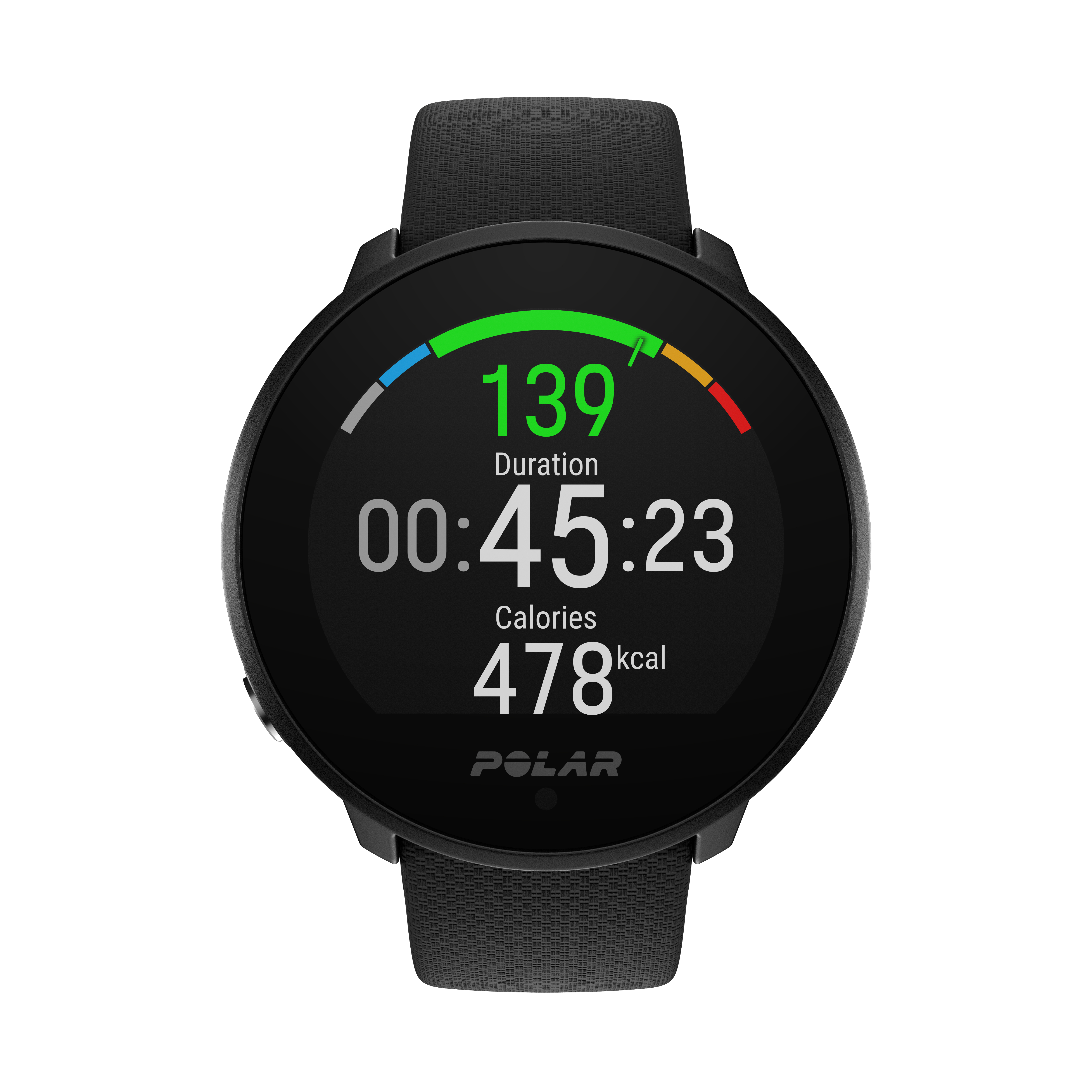Schwarze Smartwatch, die Zeit, Dauer und verbrannte Kalorien anzeigt.