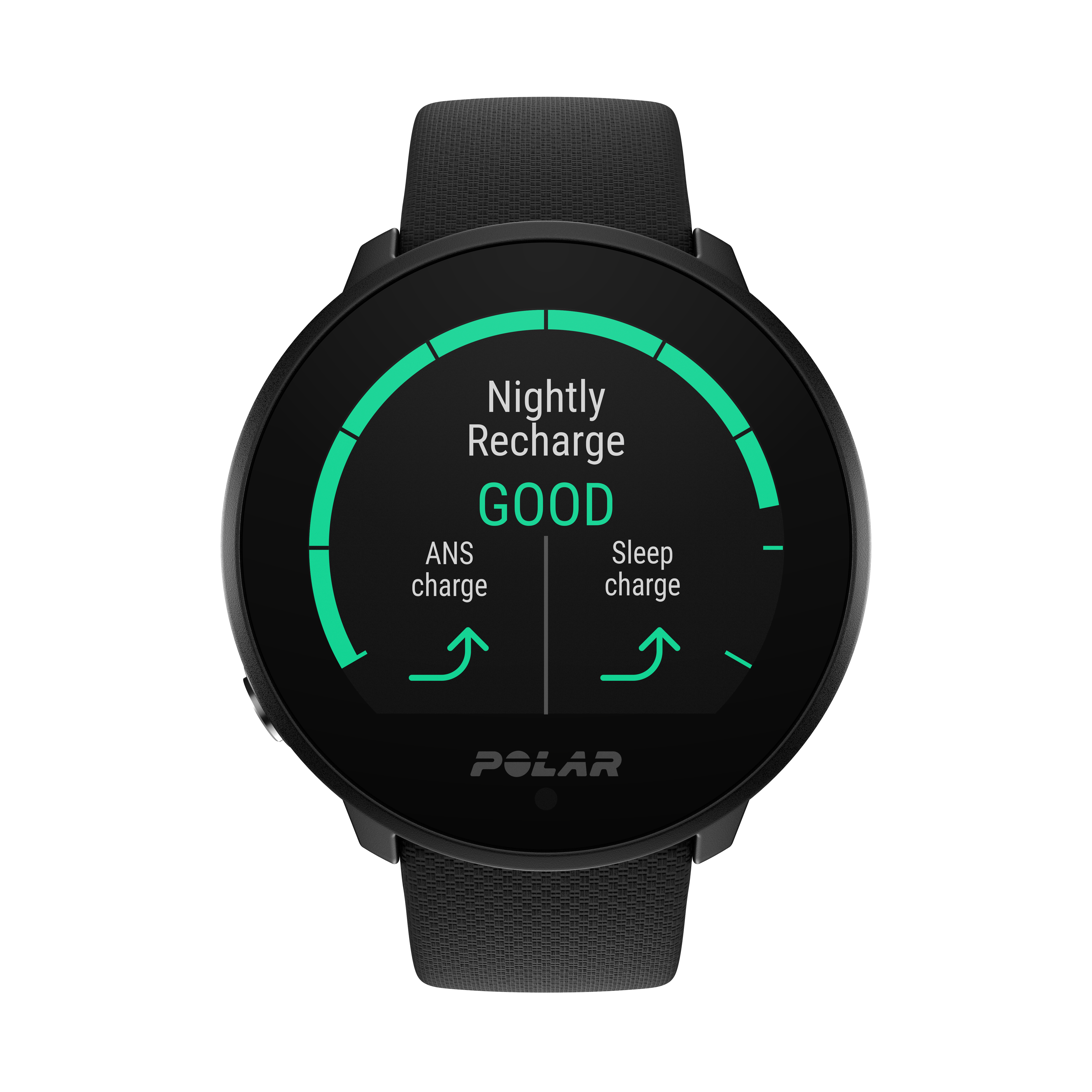 Schwarze Polar Smartwatch mit rundem Zifferblatt, das 'Nightly Recharge', ANS und Sleep Charge anzeigt.