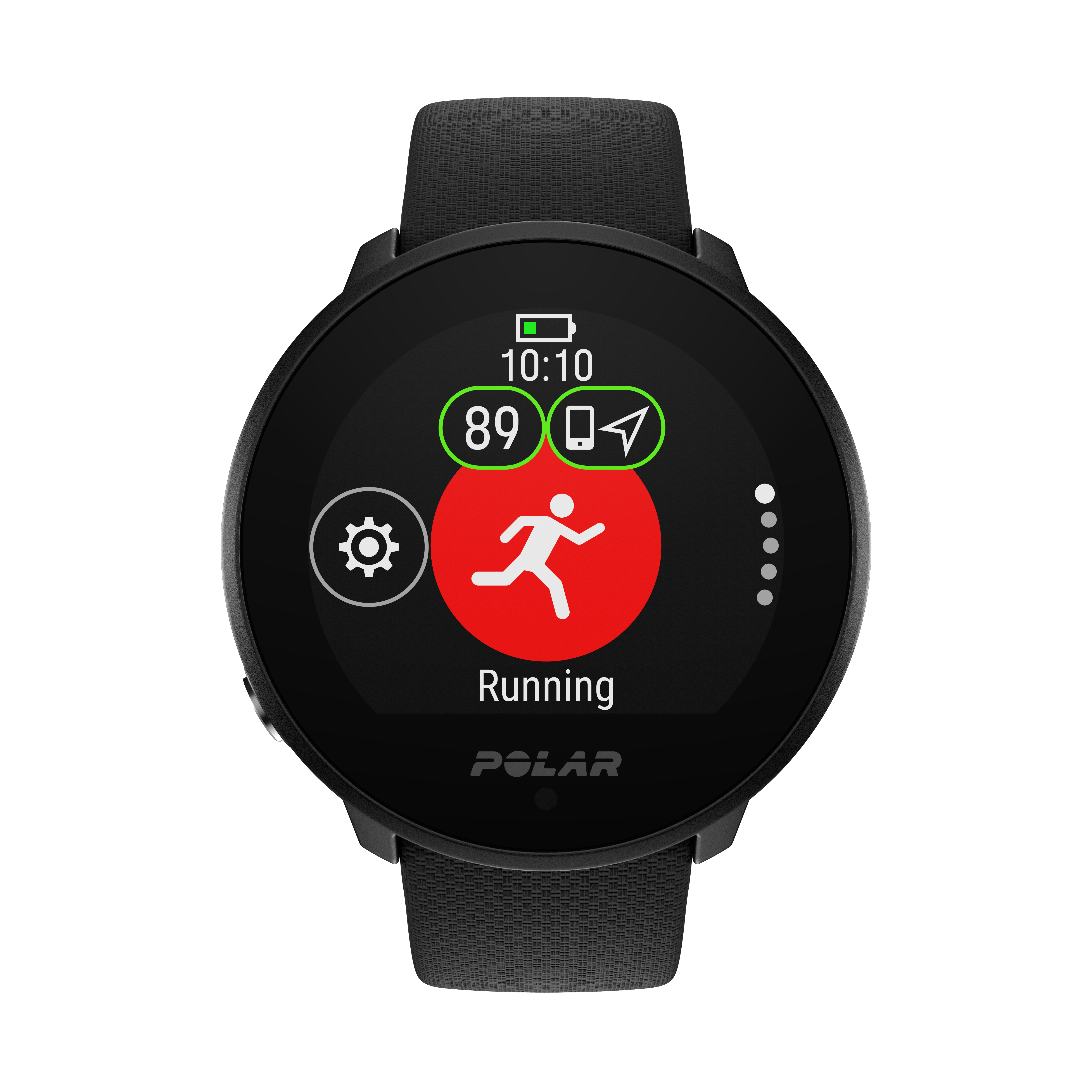Schwarze Polar Smartwatch zeigt auf dem Bildschirm eine Laufaktivität mit Metriken.