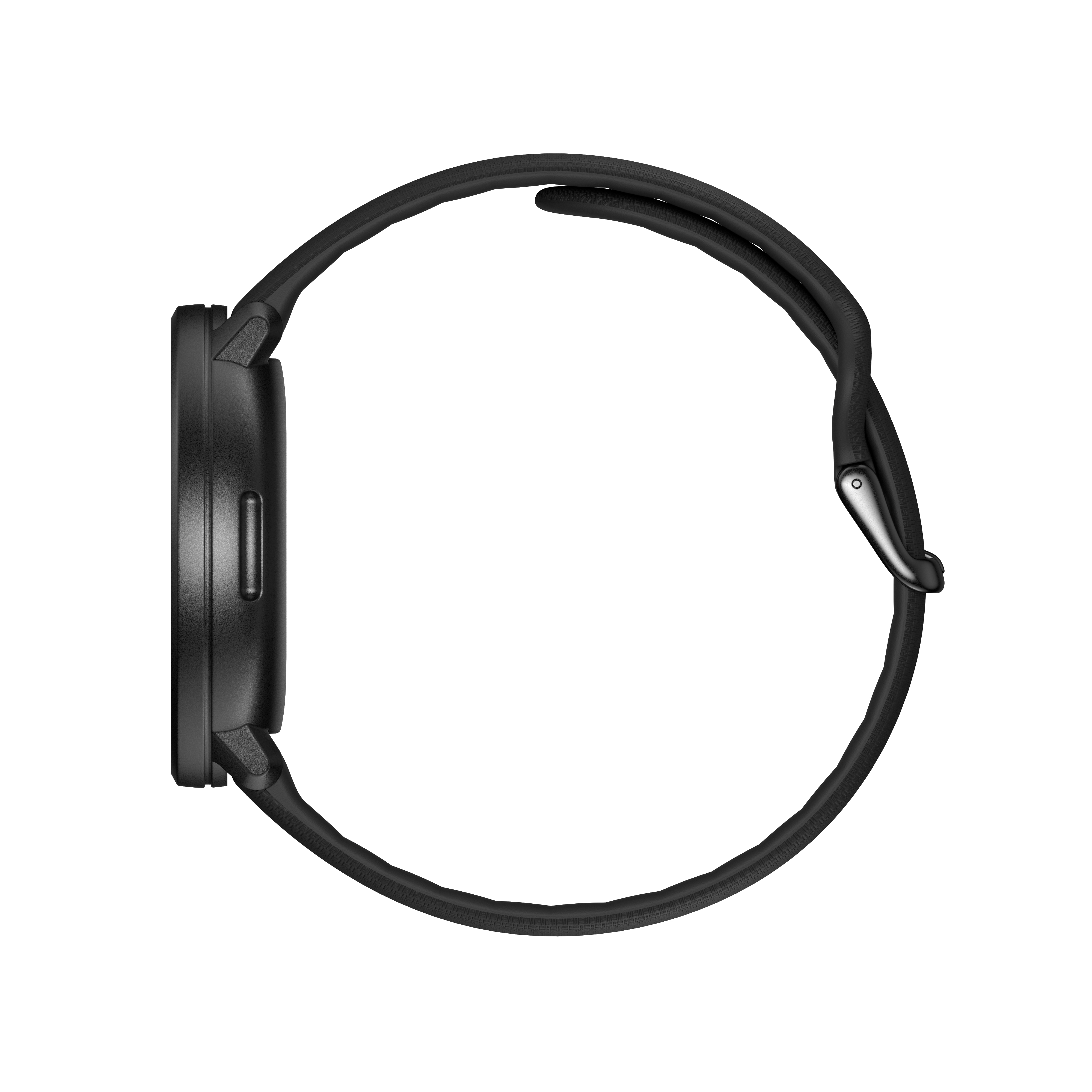 Eine schwarze Smartwatch von der Seite gesehen, die den runden Bildschirm und das Armband zeigt.