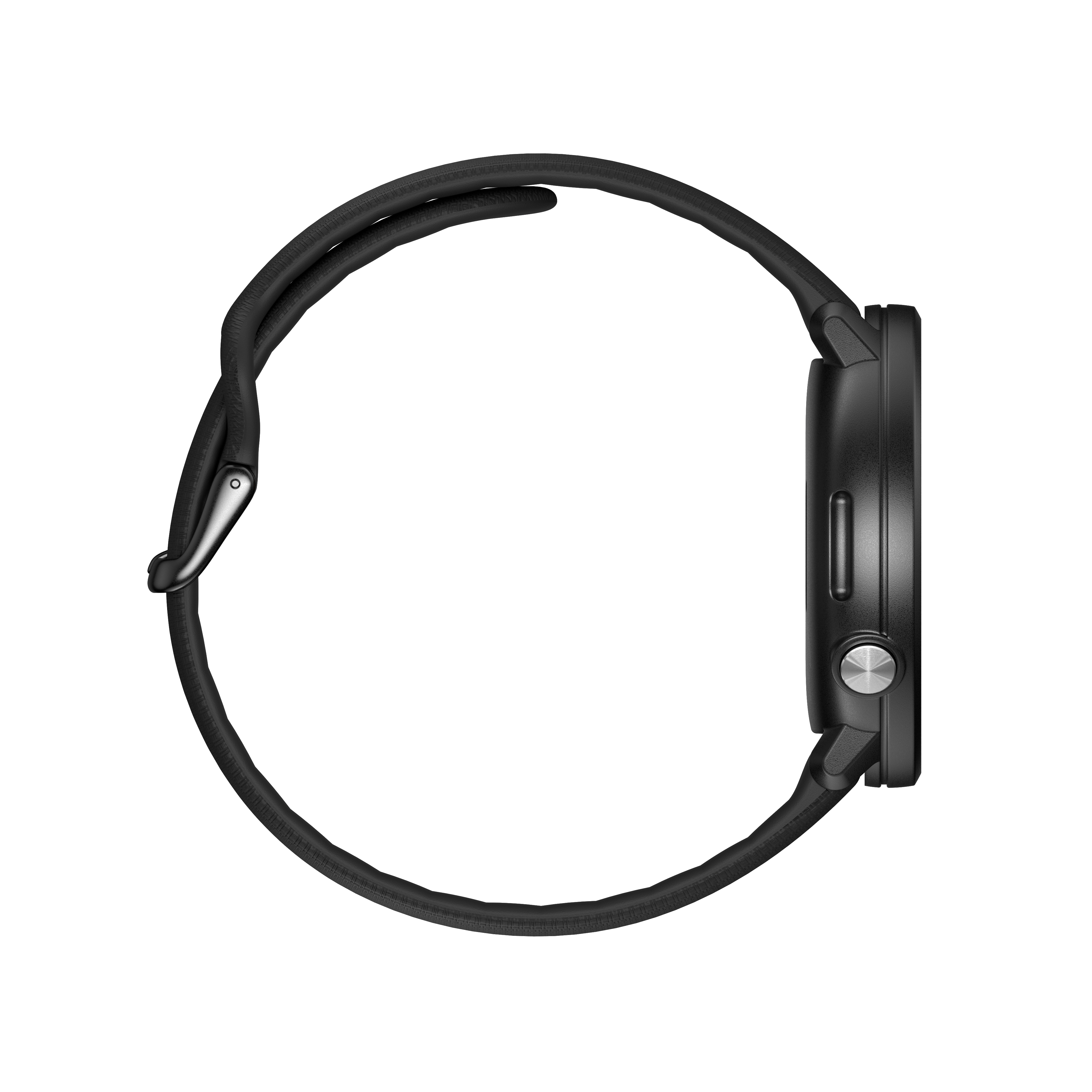 Schwarze Smartwatch mit schwarzem Armband, Seitenansicht auf weißem Hintergrund.