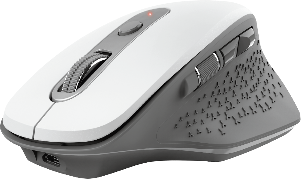 Fehér és szürke ergonomikus számítógépes egér görgővel.