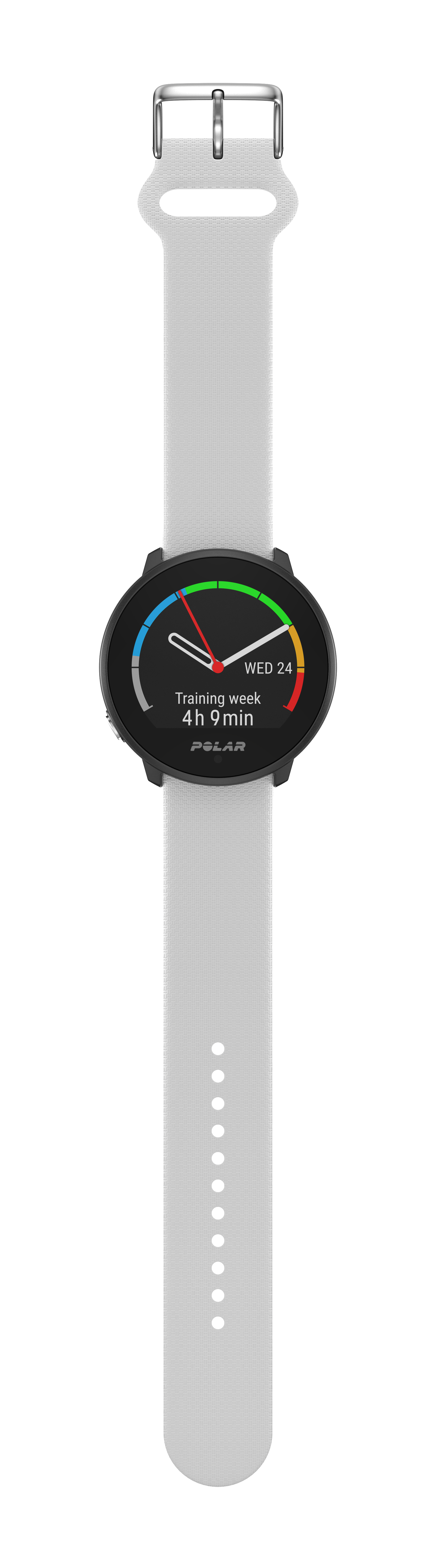 Eine weiße Smartwatch mit schwarzem Zifferblatt, die Zeit, Datum und Trainingsdaten anzeigt.