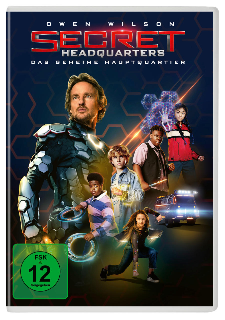 Filmcover für „Secret Headquarters“ mit Owen Wilson und einer Gruppe von Kindern, mit grünem Rating-Logo.