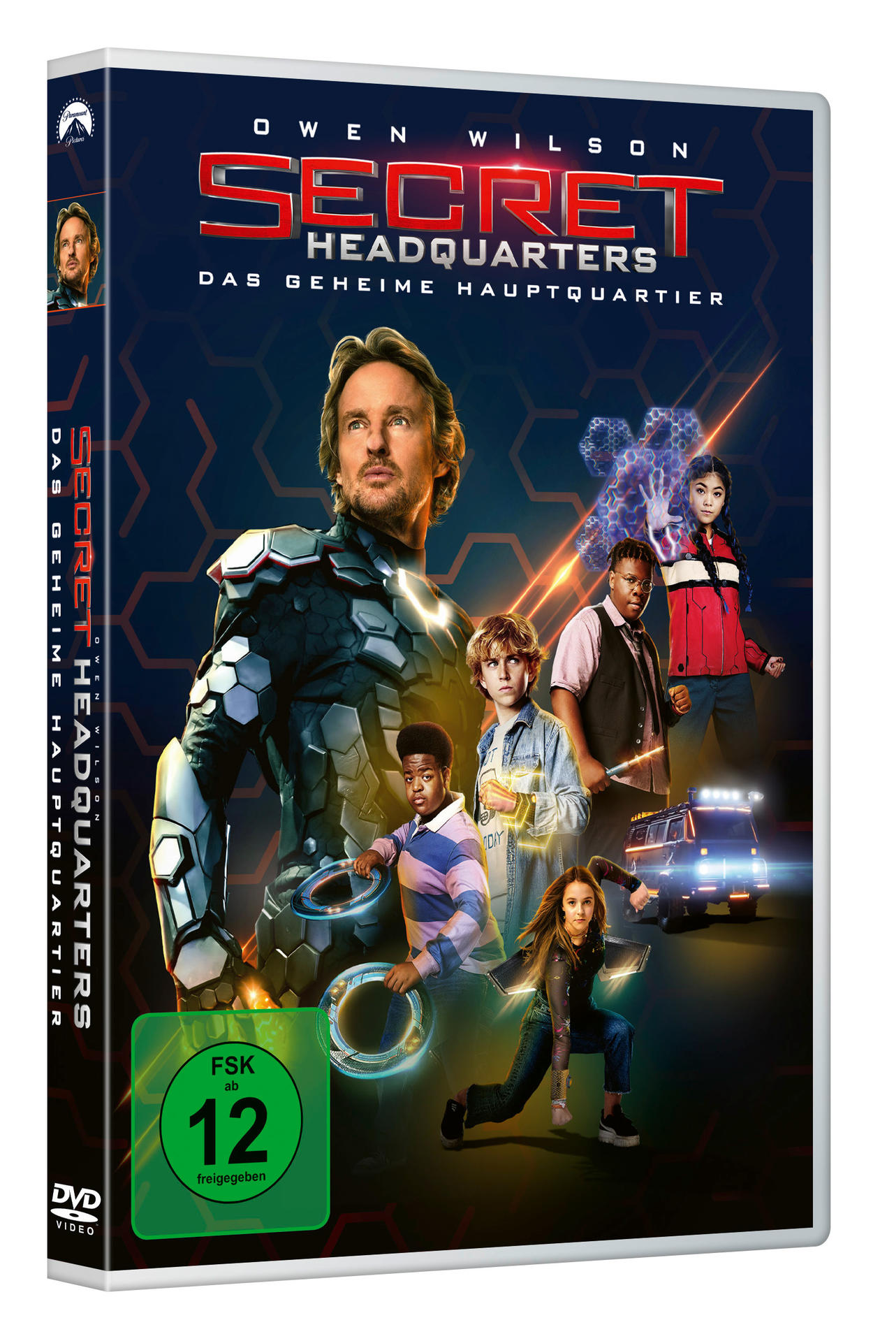 DVD-Hülle für den Film Secret Headquarters. Das Cover zeigt Owen Wilson und eine Gruppe von Kindern.