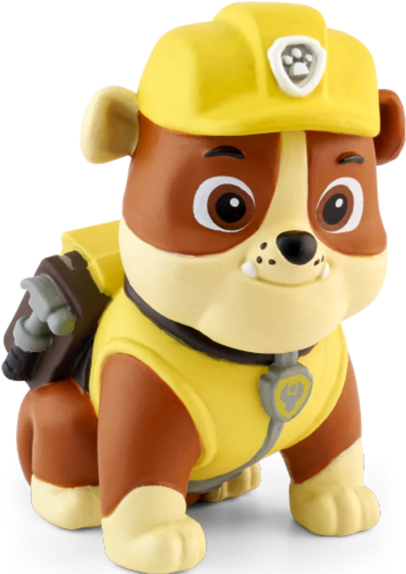 Cartoonfigur von Rubble aus Paw Patrol, in gelber Bauarbeiteruniform.