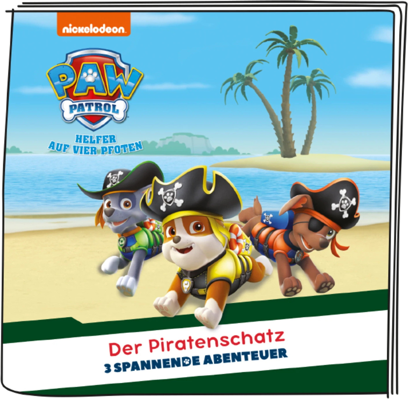 Paw Patrol-Buchcover. Drei Zeichentrickhunde in Piratenoutfits. Palmen und 