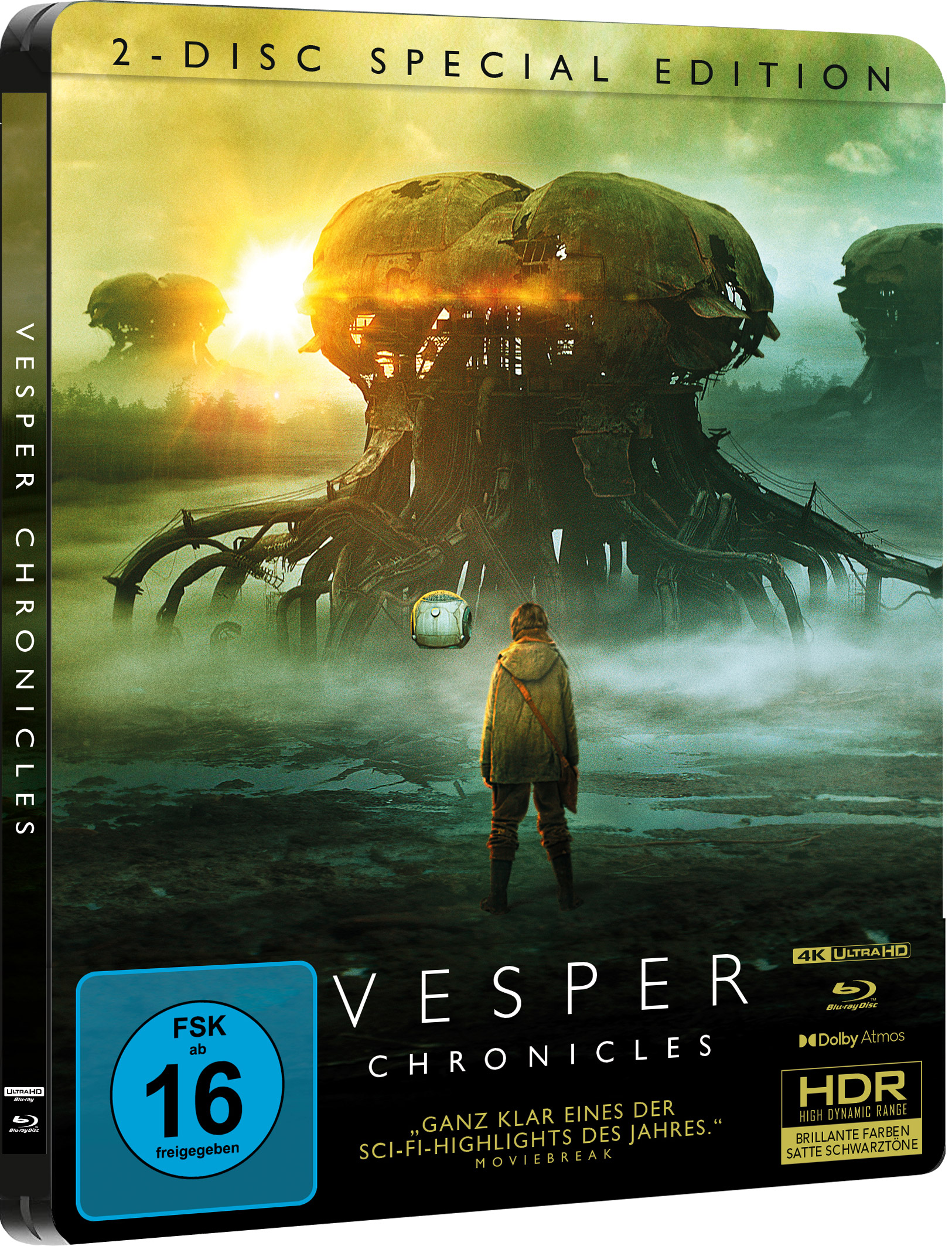 Filmcover für 'Vesper Chronicles'. Zeigt eine Person in einem Feld mit einer Sci-Fi-Landschaft.