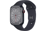 APPLE Watch Series 8 (GPS + Cellular) 45 mm Smartwatch Aluminium Fluorelastomer, 140 - 220 mm, Armband: Mitternacht, Gehäuse: Mitternacht