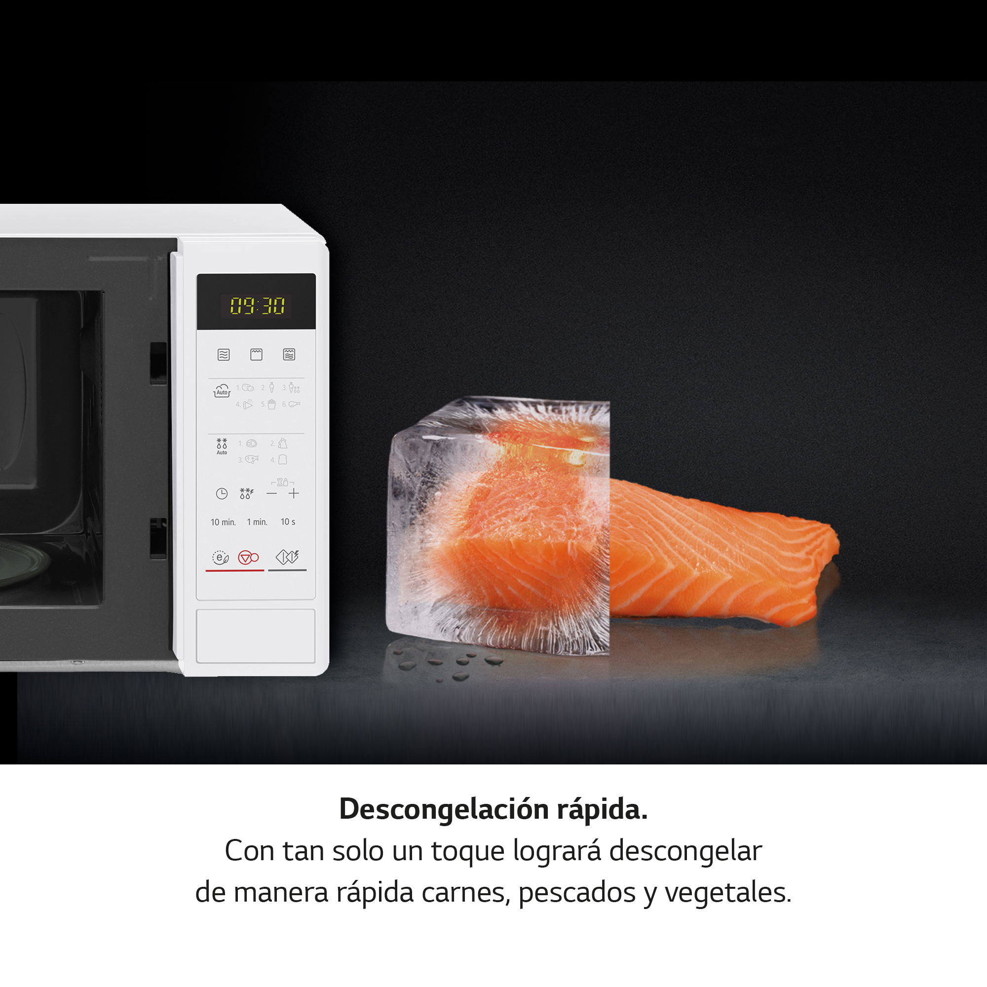 Microondas con pantalla digital, cubito de hielo con salmón y filete de salmón.