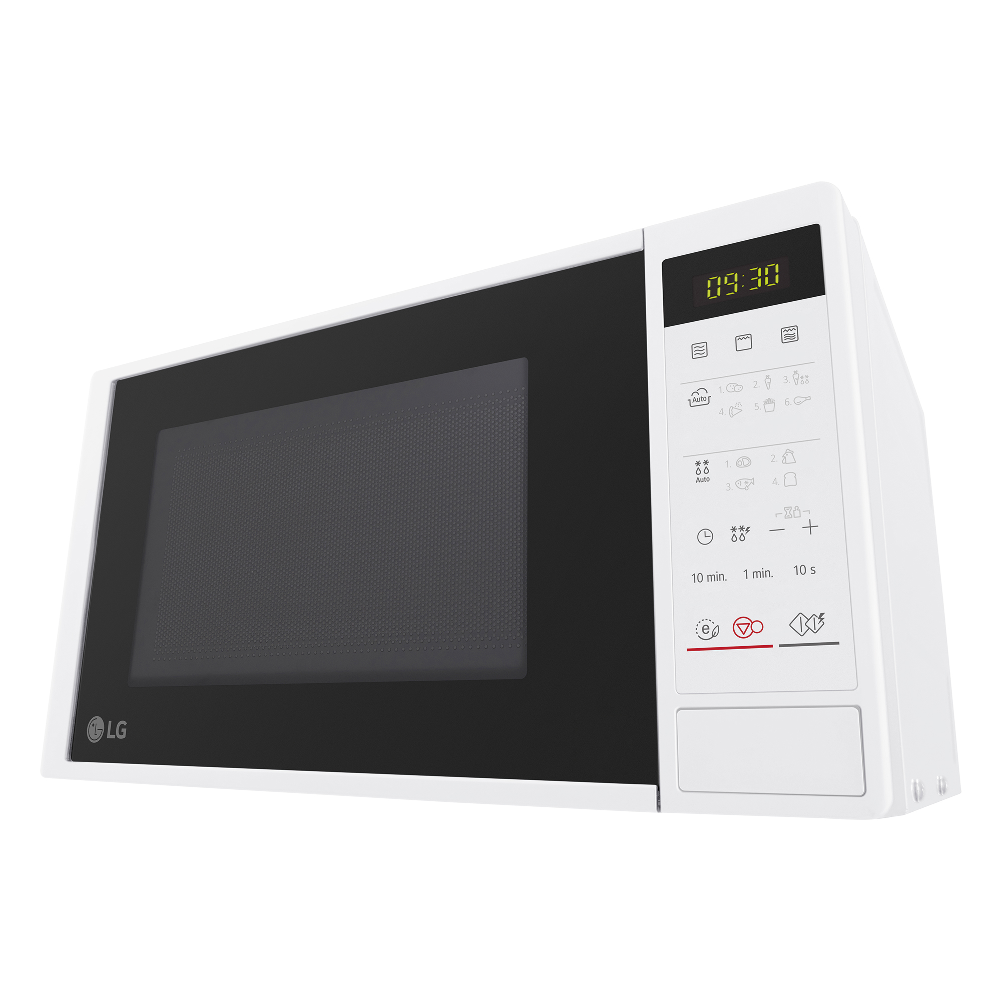 Horno microondas blanco con pantalla digital y panel de control, mostrando la hora.