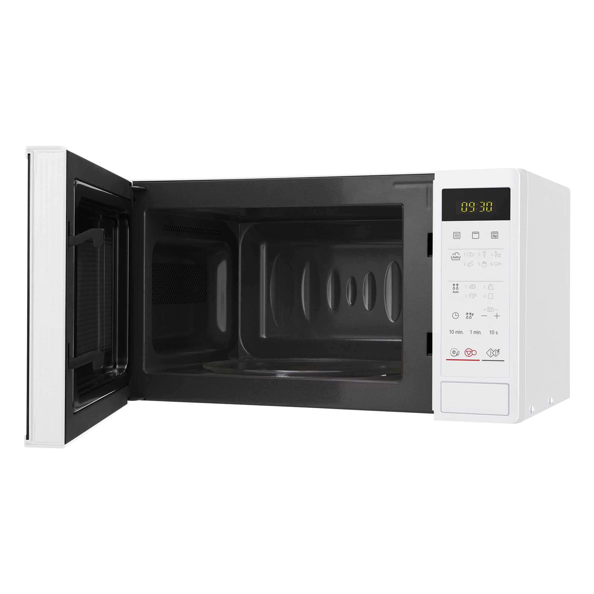 Microondas blanco con puerta abierta, interior negro, pantalla digital a las 09:30 y panel de control a la derecha.