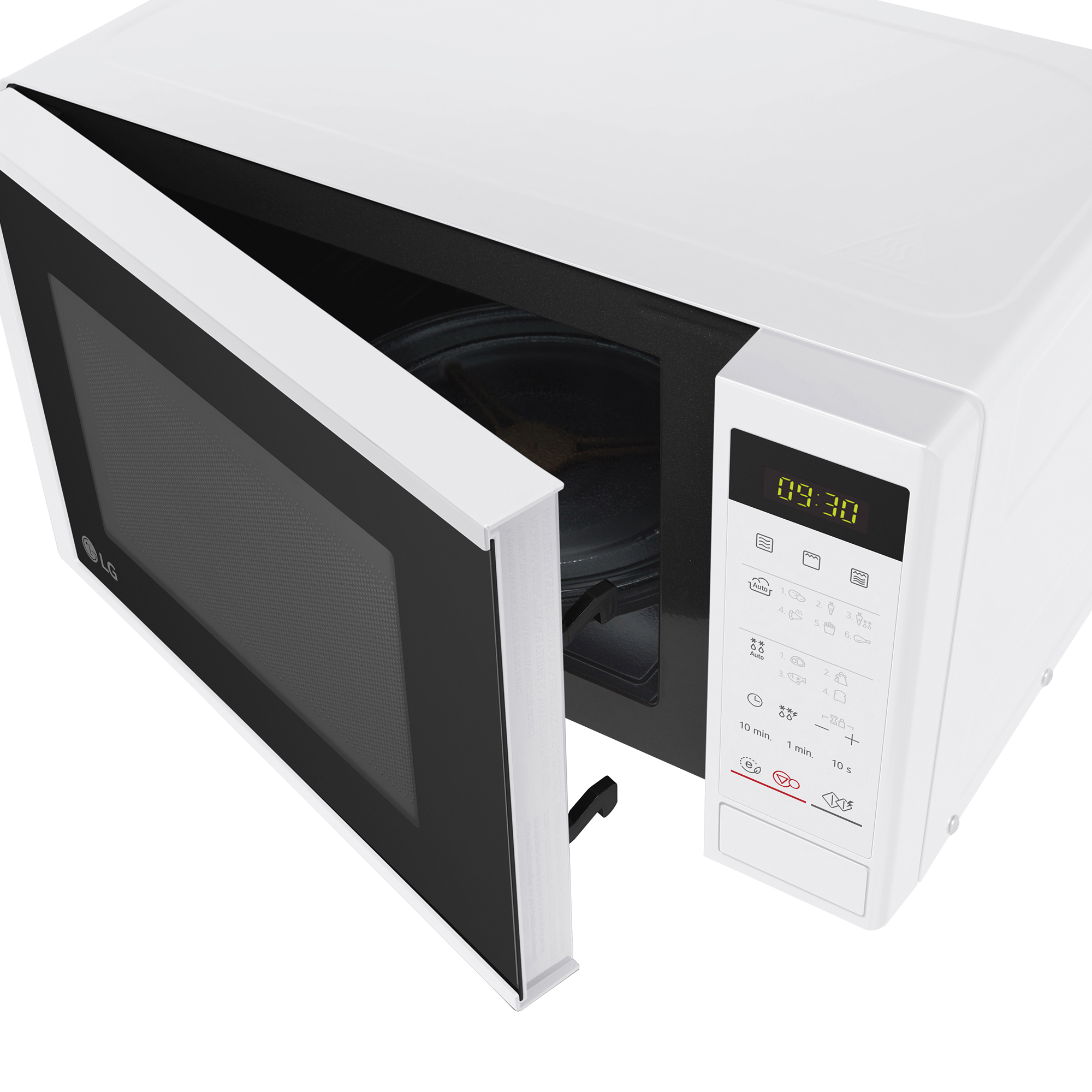 Horno microondas blanco con la puerta abierta, mostrando el interior y el panel de control.