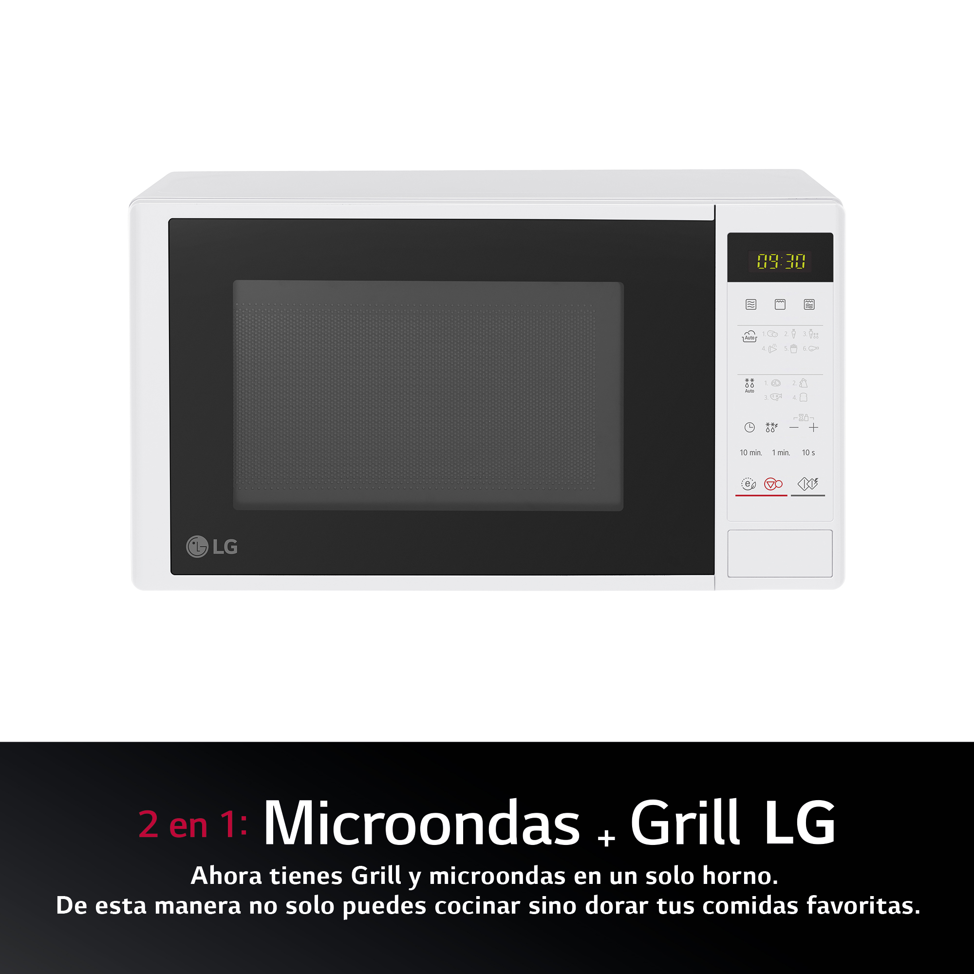 Un horno microondas LG blanco con puerta negra y pantalla digital, texto abajo: 2 en 1 Microondas + Grill.