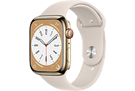 APPLE Watch Series 8 (GPS + Cellular) 45 mm Smartwatch Edelstahl Fluorelastomer, 140 - 220 mm, Armband: Polarstern, Gehäuse: Gold