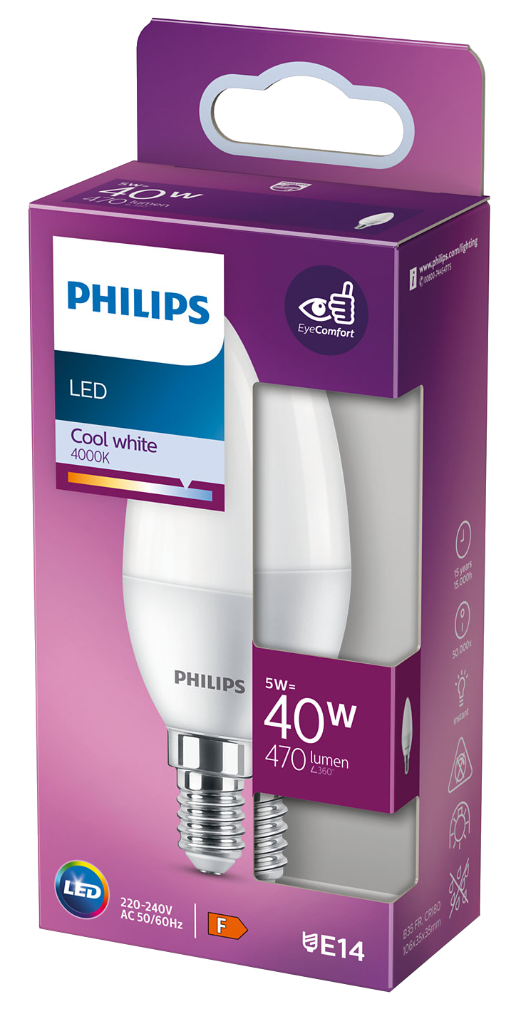 Philips LED izzó, fehér, 40W, lila-fehér dobozban.
