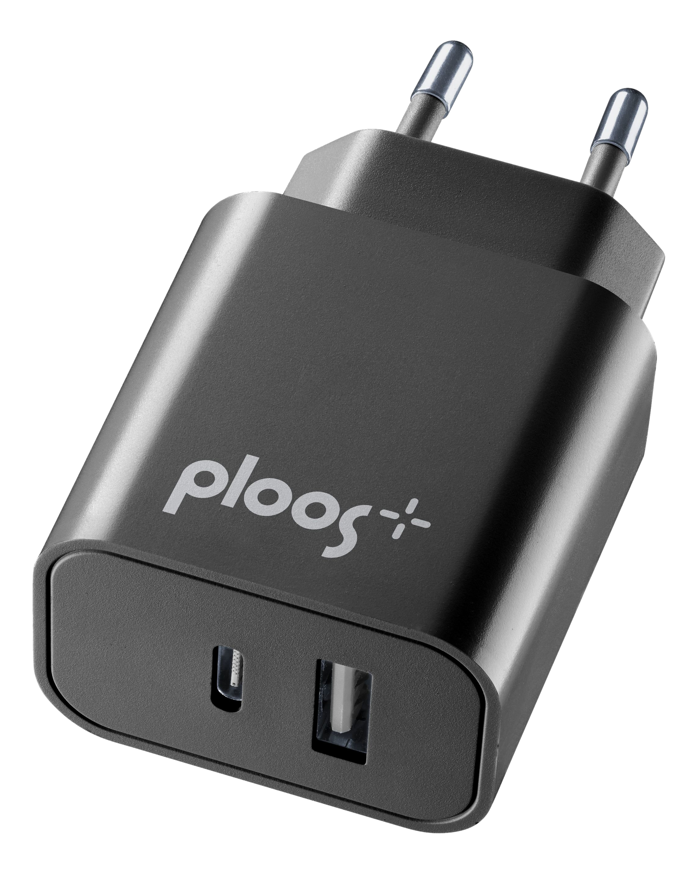 Un chargeur de téléphone gris foncé avec deux ports USB et deux broches. Le logo de la marque "ploos" est visible.