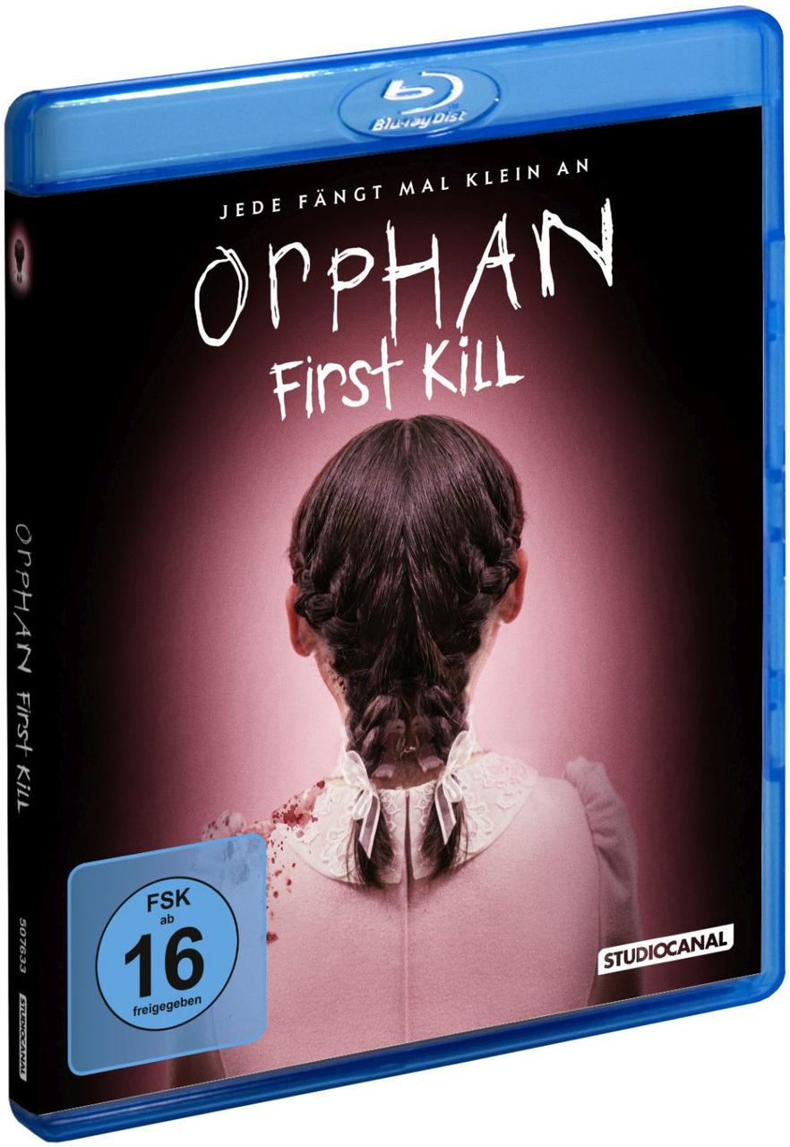 Blu-ray-Disc des Films Orphan: First Kill, mit dem Rücken eines Mädchens auf dem Cover und Blut.