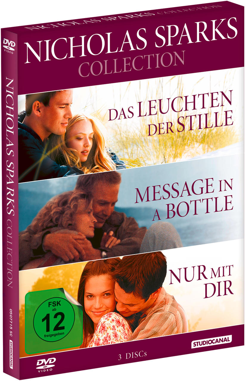 Eine DVD-Box mit drei romantischen Filmen. Titel sind: Das Leuchten der Stille, Message in a Bottle, und Nur mit Dir.