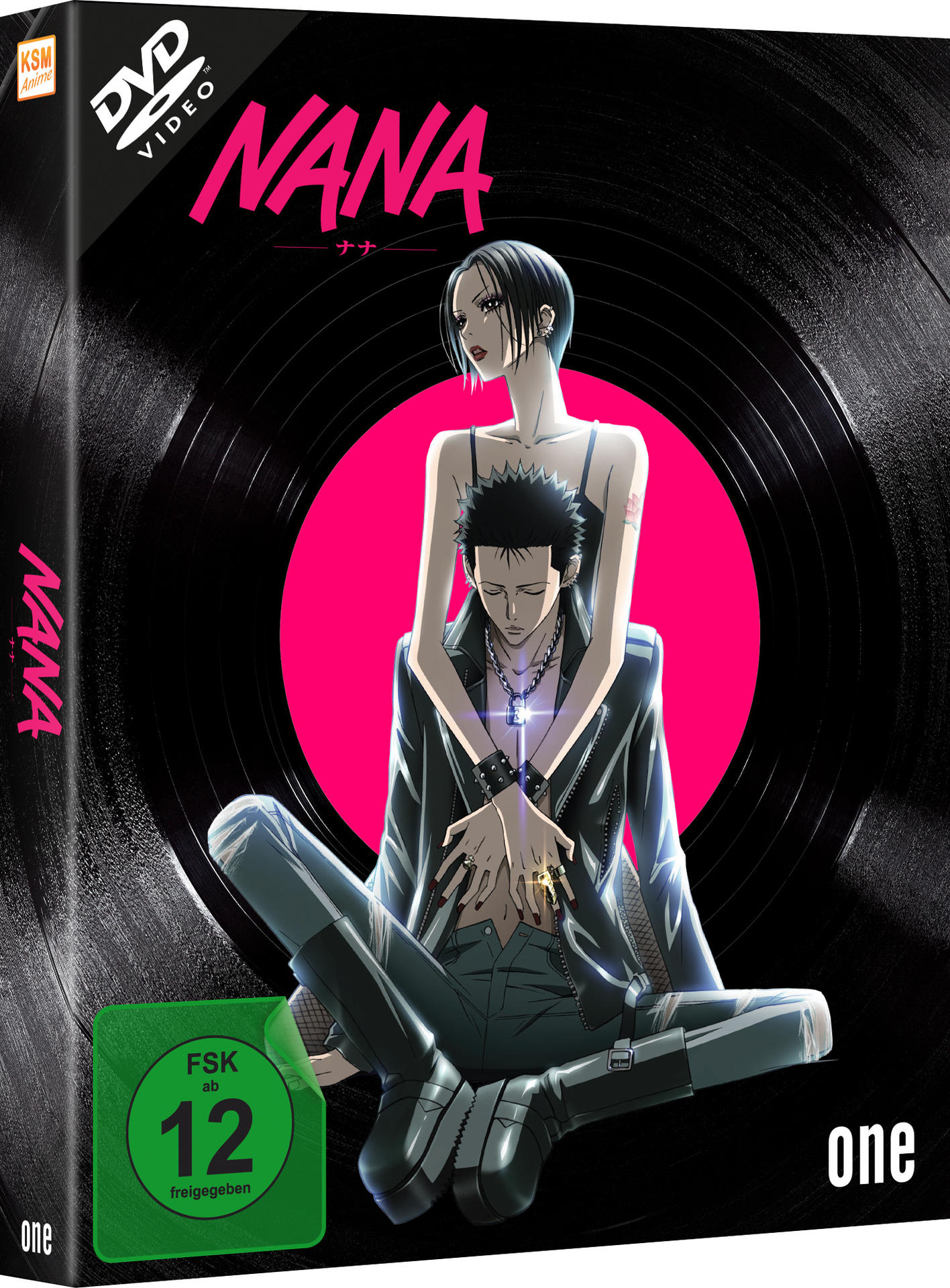 DVD-Cover für den Anime "NANA", mit zwei Charakteren und pinkem Hintergrund.
