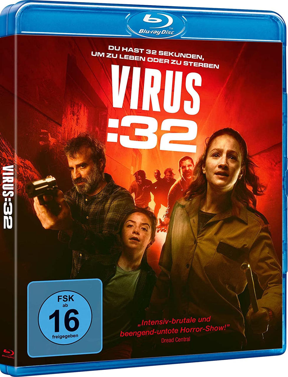 Blu-ray-Hülle mit dem Film Virus:32. Im Hintergrund rennen Leute weg.