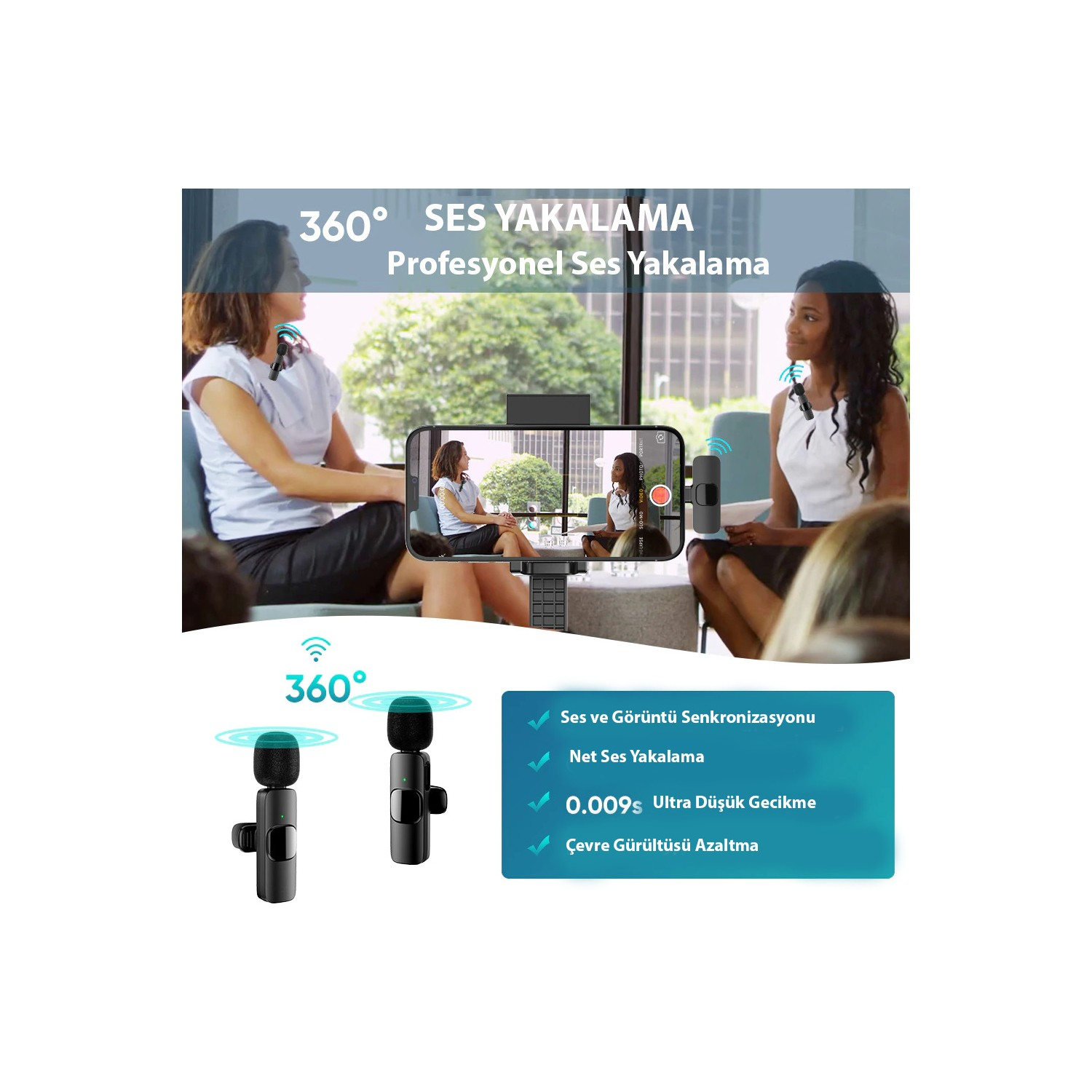 İki kadın kablosuz bir mikrofon sistemi kullanıyor. 360° ses yakalar.