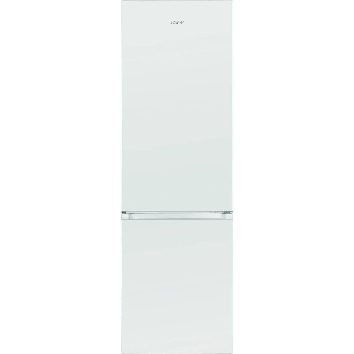 Weißer Kühlschrank mit zwei Türen. BOOMANN steht auf dem oberen Teil.