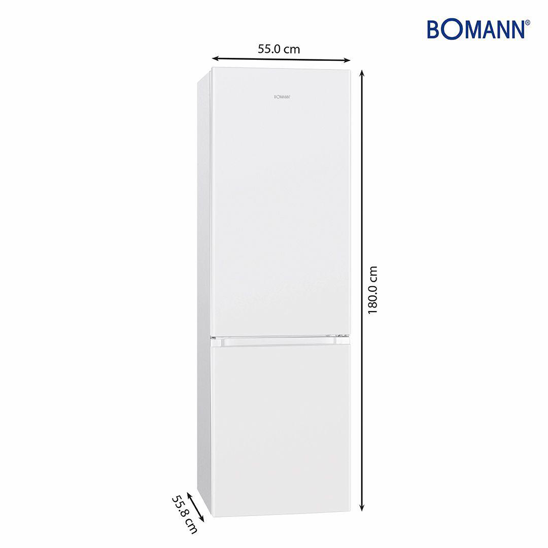 Weißer Kühlschrank mit zwei Teilen, der obere Teil ist größer als der untere. Messungen sichtbar.