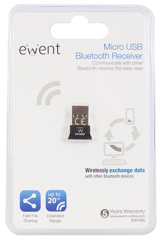 Mikro USB Bluetooth vevő átlátszó műanyag csomagolásban. Fehér háttér, fekete szöveg.