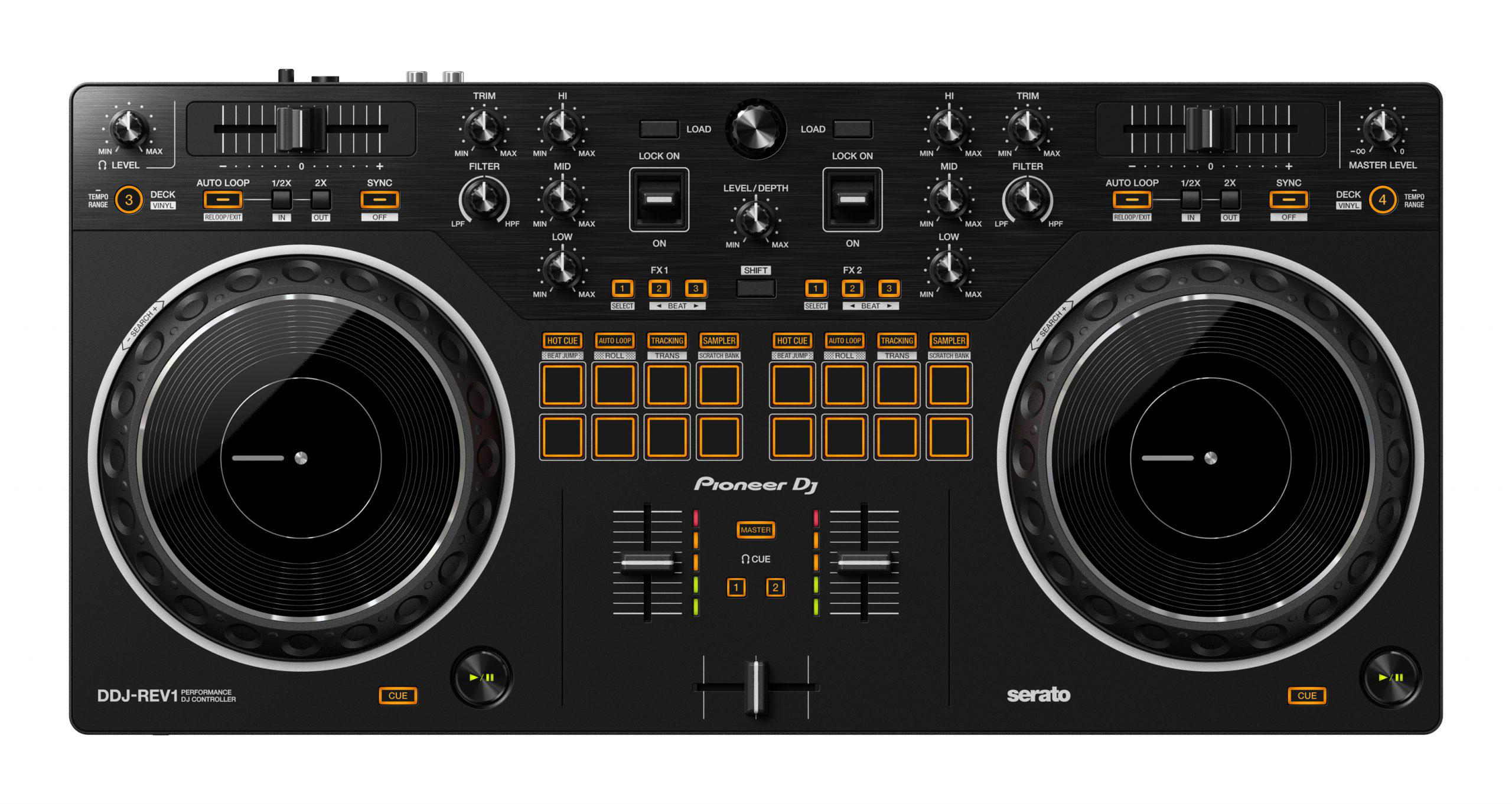 DJ-Controller mit schwarzer Oberfläche, Knöpfen und zwei kreisförmigen Tellern.