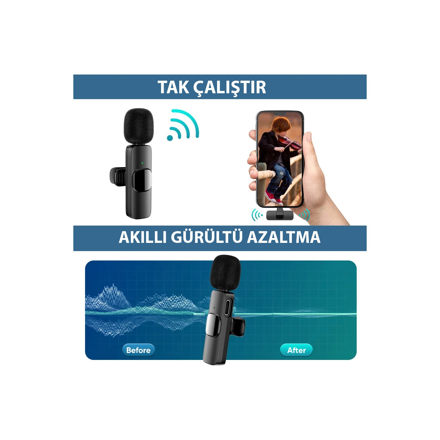 Gürültü azaltma için kablosuz mikrofon ve telefon kurulumu.