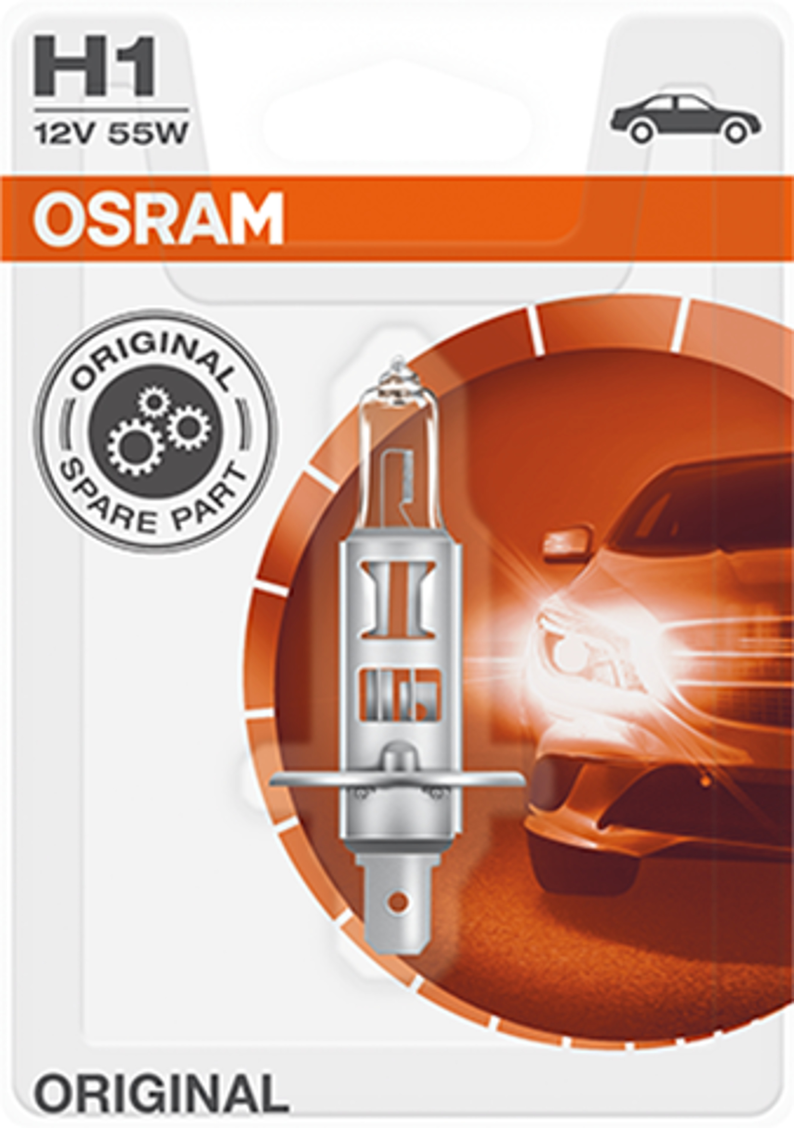 Osram H1 autó fényszóró izzó csomagolásban, a márka logójával és szövegével.