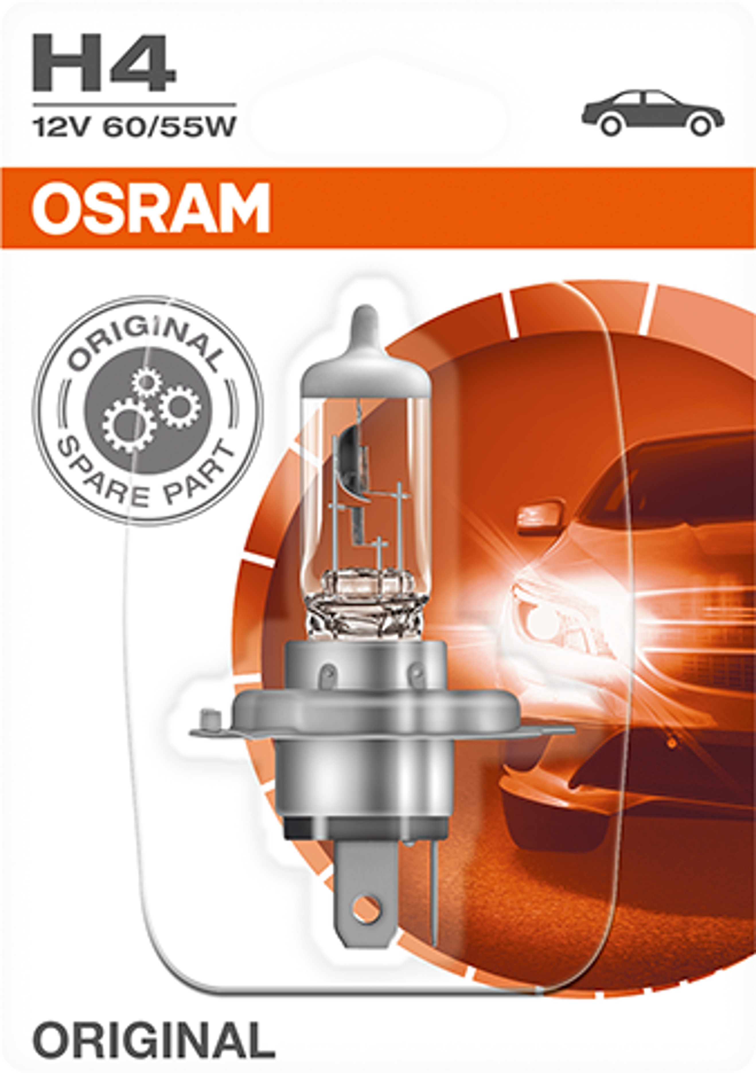 Autó fényszóróizzó csomag. Osram márka, H4 12V 60/55W. Narancssárga és fehér csomagolás.
