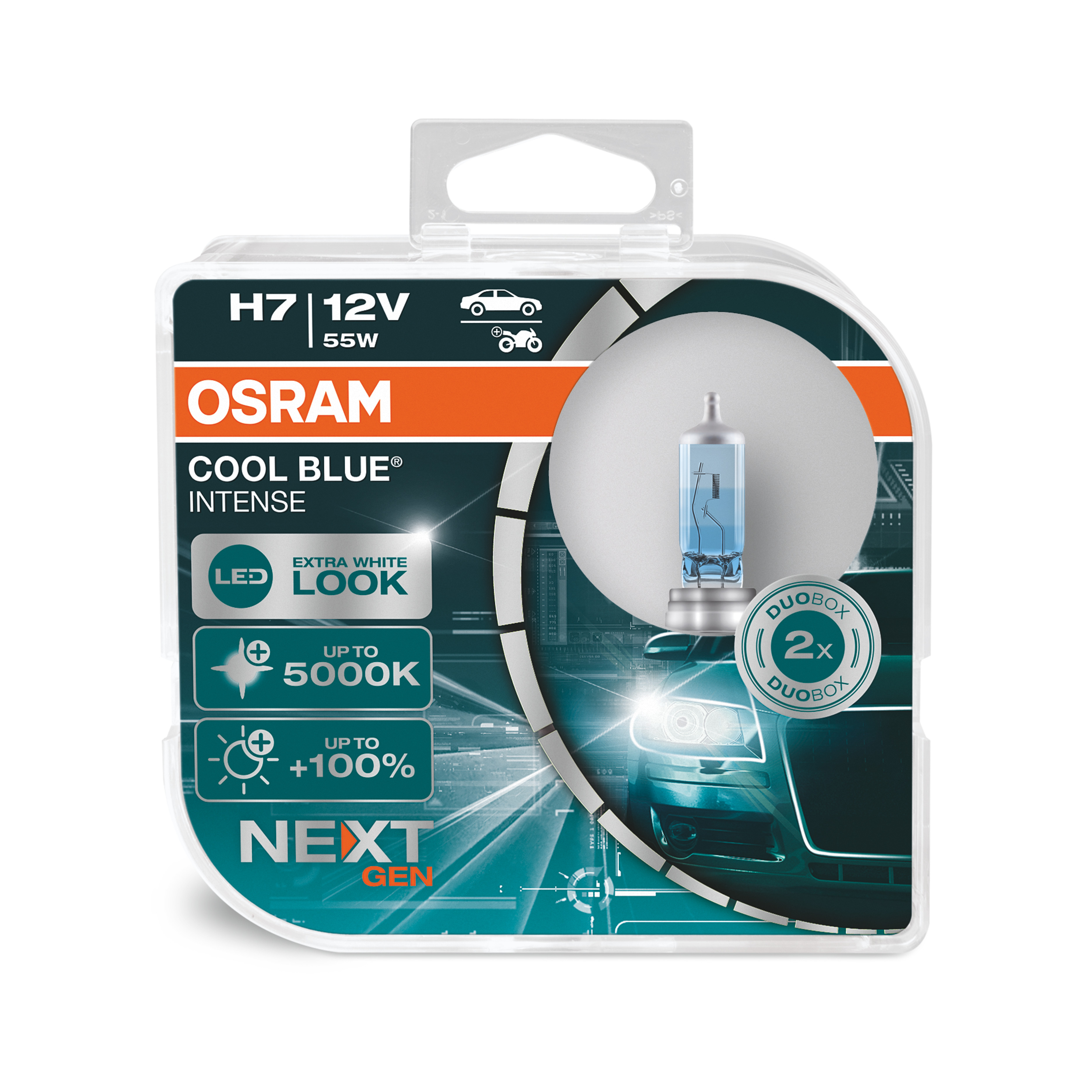 Osram autóizzó csomag. Kék izzó látható, Cool Blue Intense felirattal.