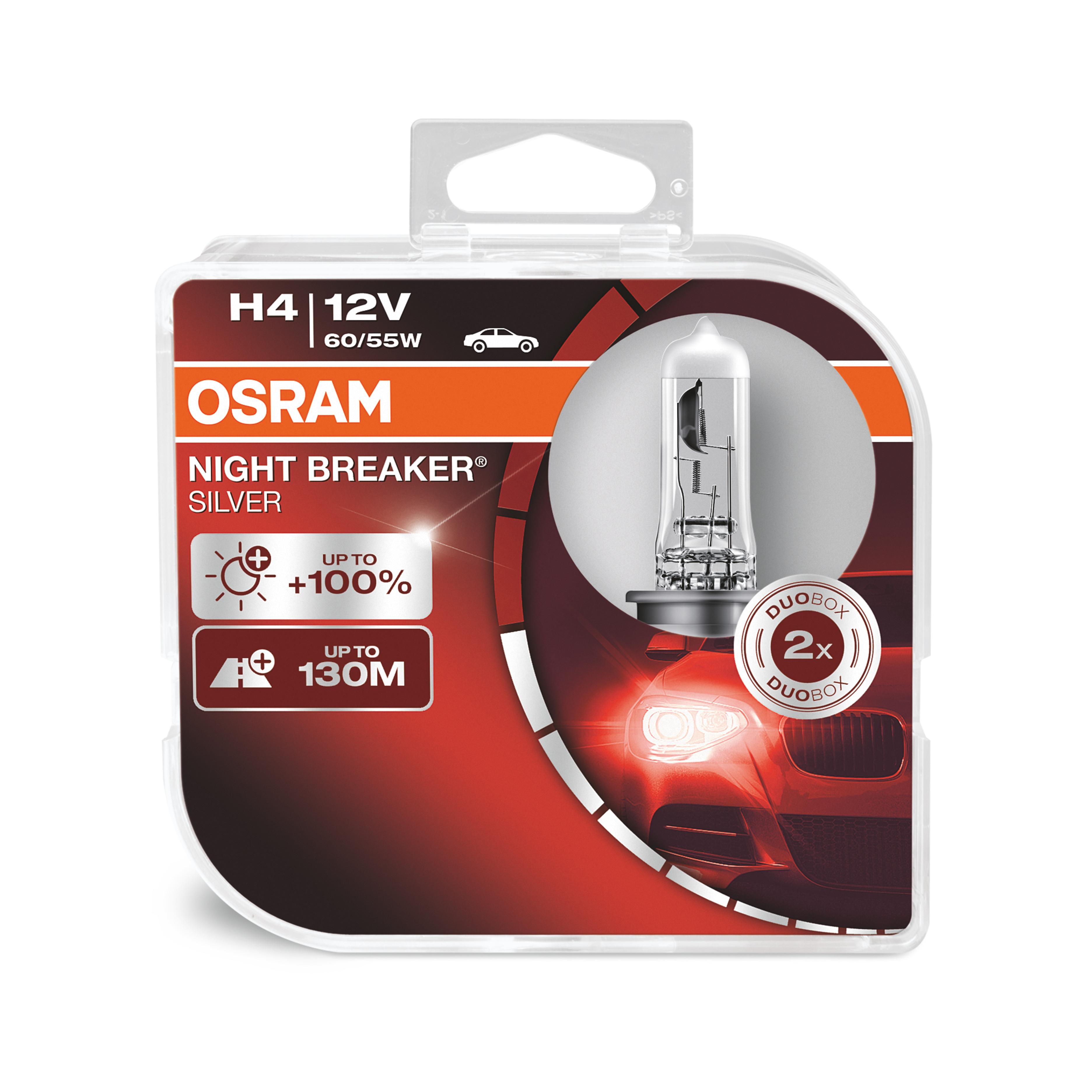 Fényszóró izzó csomagolása. OSRAM márka. Szöveg: 'Night Breaker Silver' és 'Akár +100%'. Autó kép.