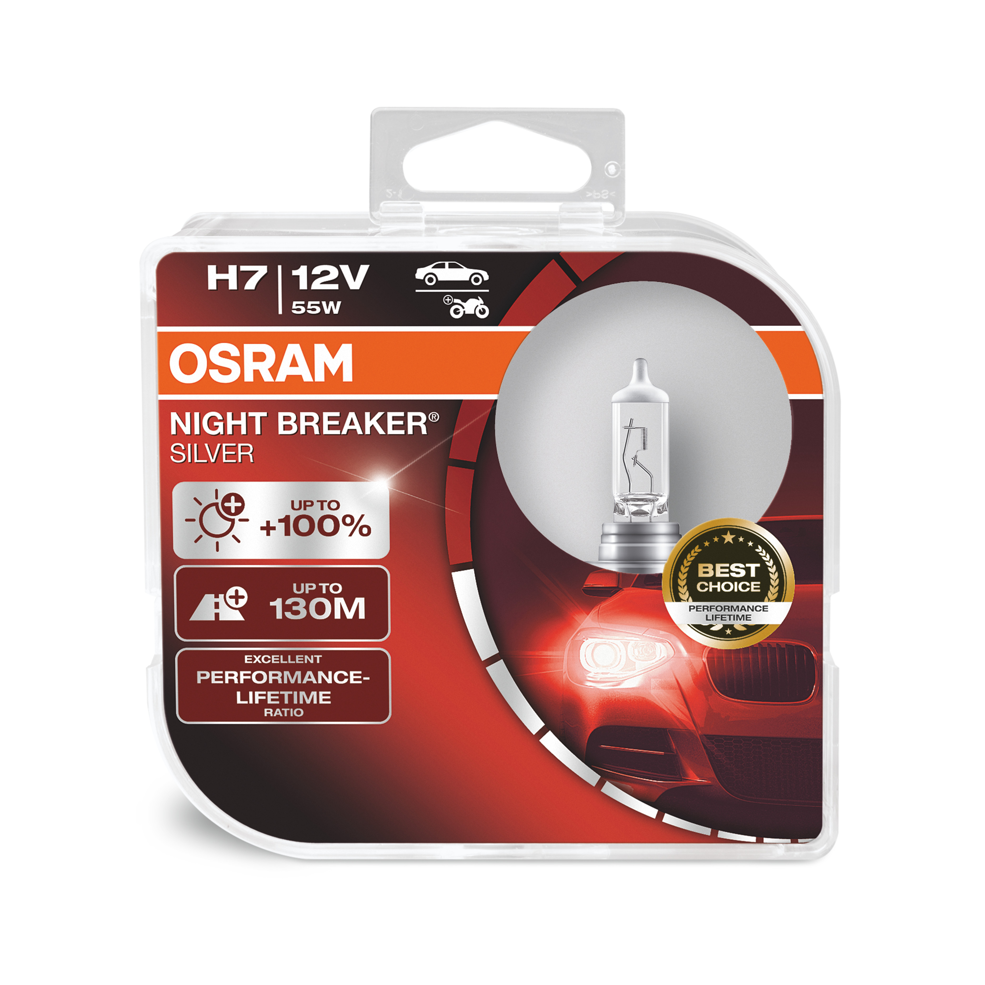 Osram Night Breaker Silver izzó csomagja. Piros és fehér, autóval és szöveggel.