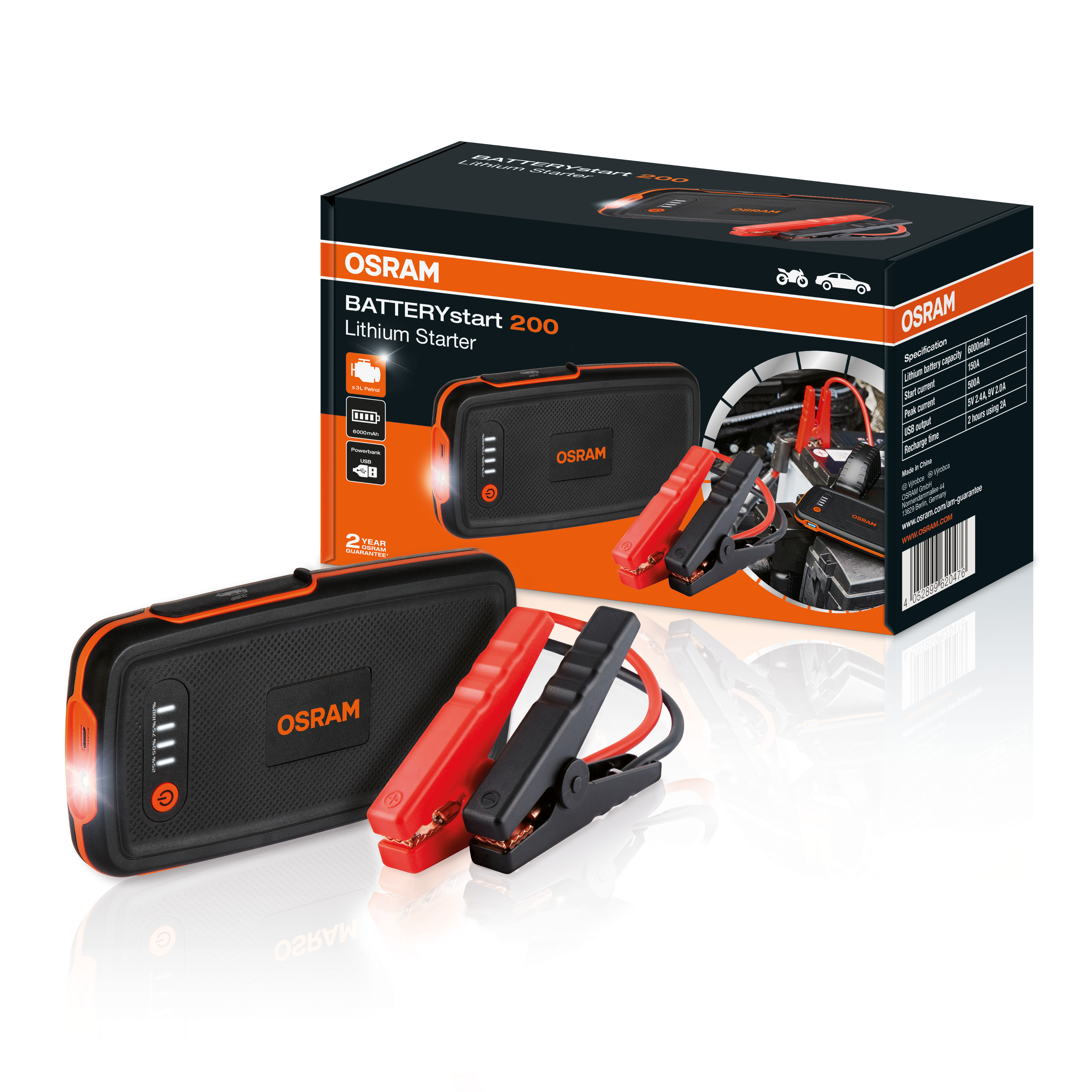 Fekete-narancs OSRAM BATTERYstart 200 lítium indítókészlet tartozékokkal.